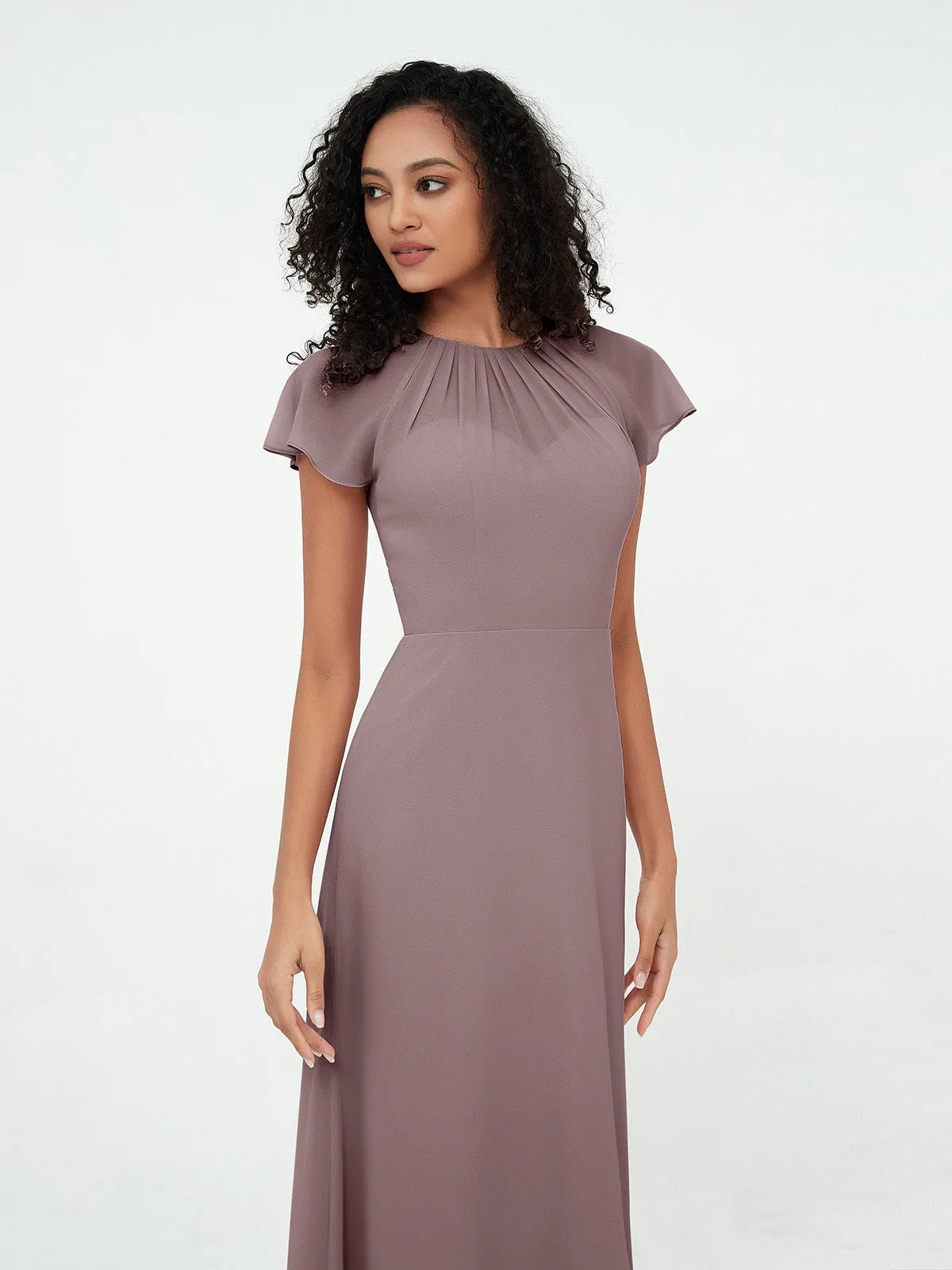 Illusion Neckline Chiffon Dresses with Cap Sleeves-Vintage Mauve