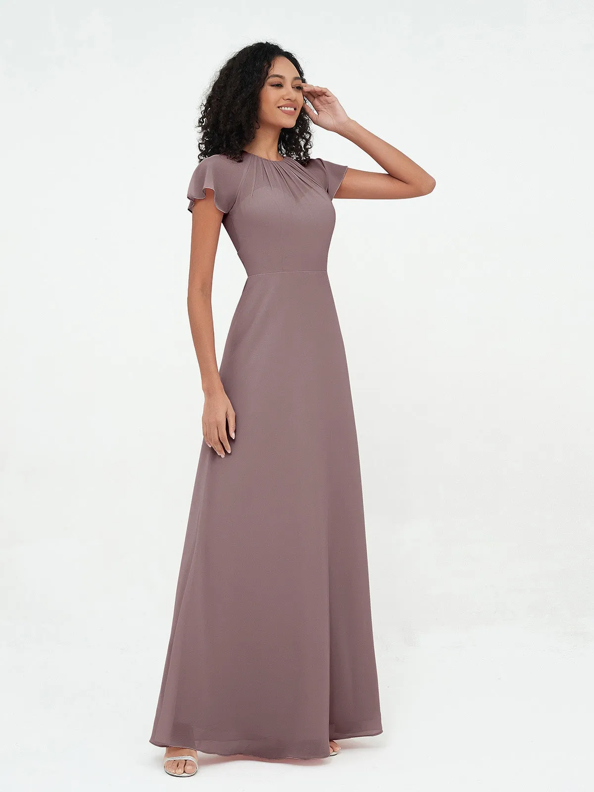 Illusion Neckline Chiffon Dresses with Cap Sleeves-Vintage Mauve