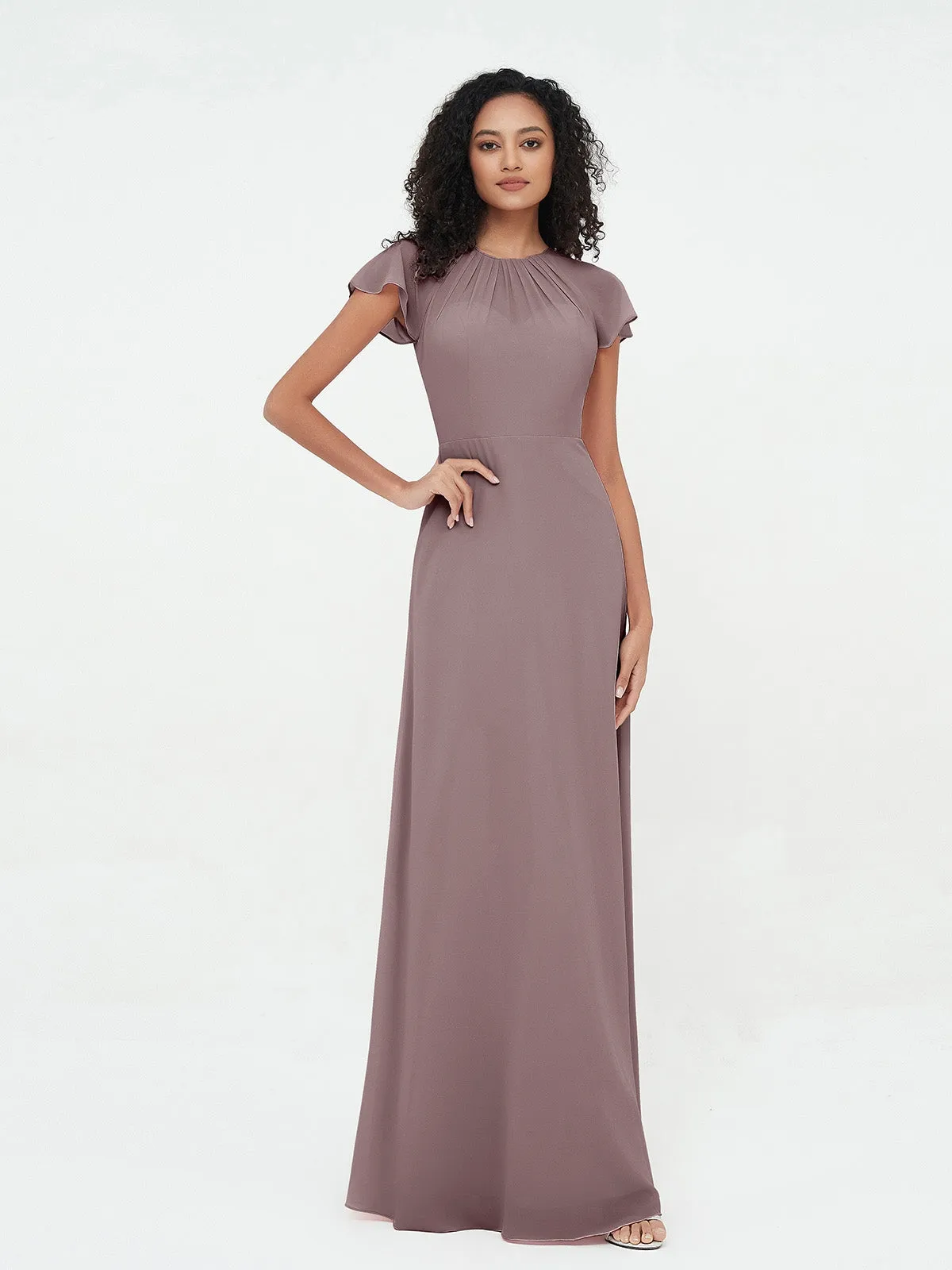 Illusion Neckline Chiffon Dresses with Cap Sleeves-Vintage Mauve