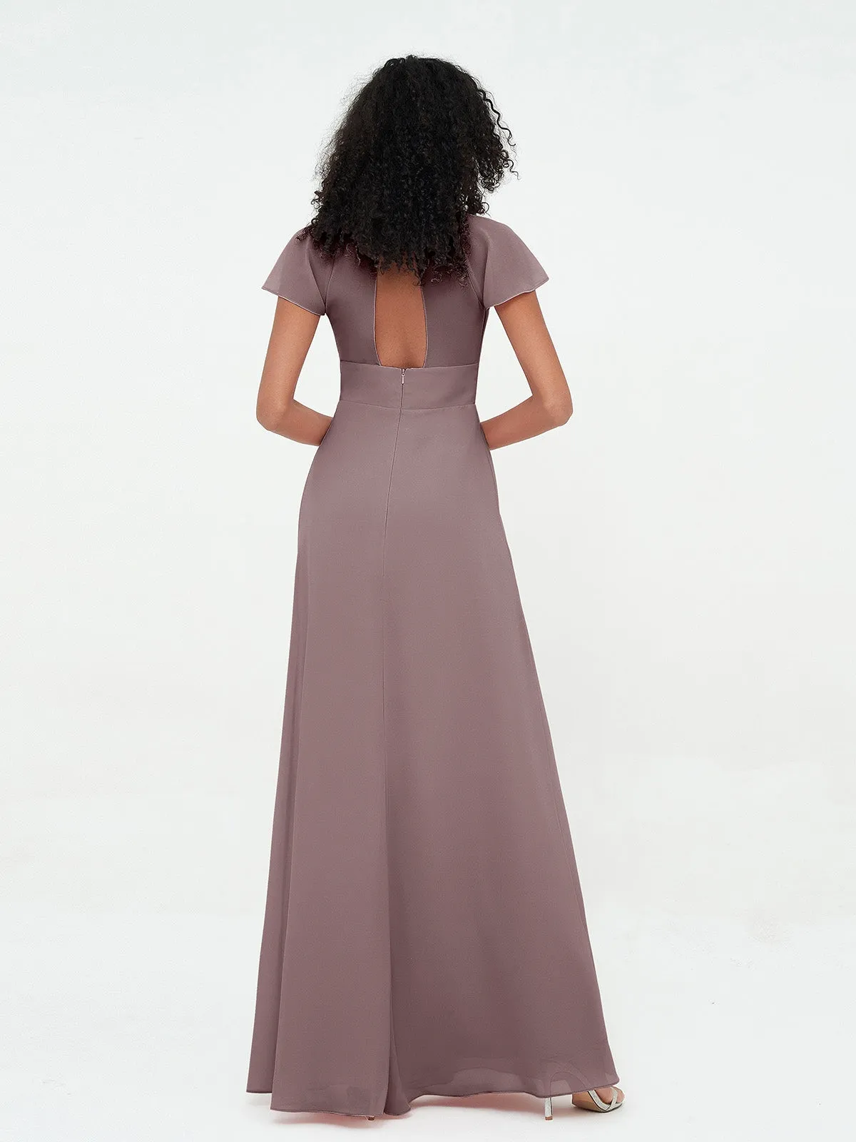 Illusion Neckline Chiffon Dresses with Cap Sleeves-Vintage Mauve