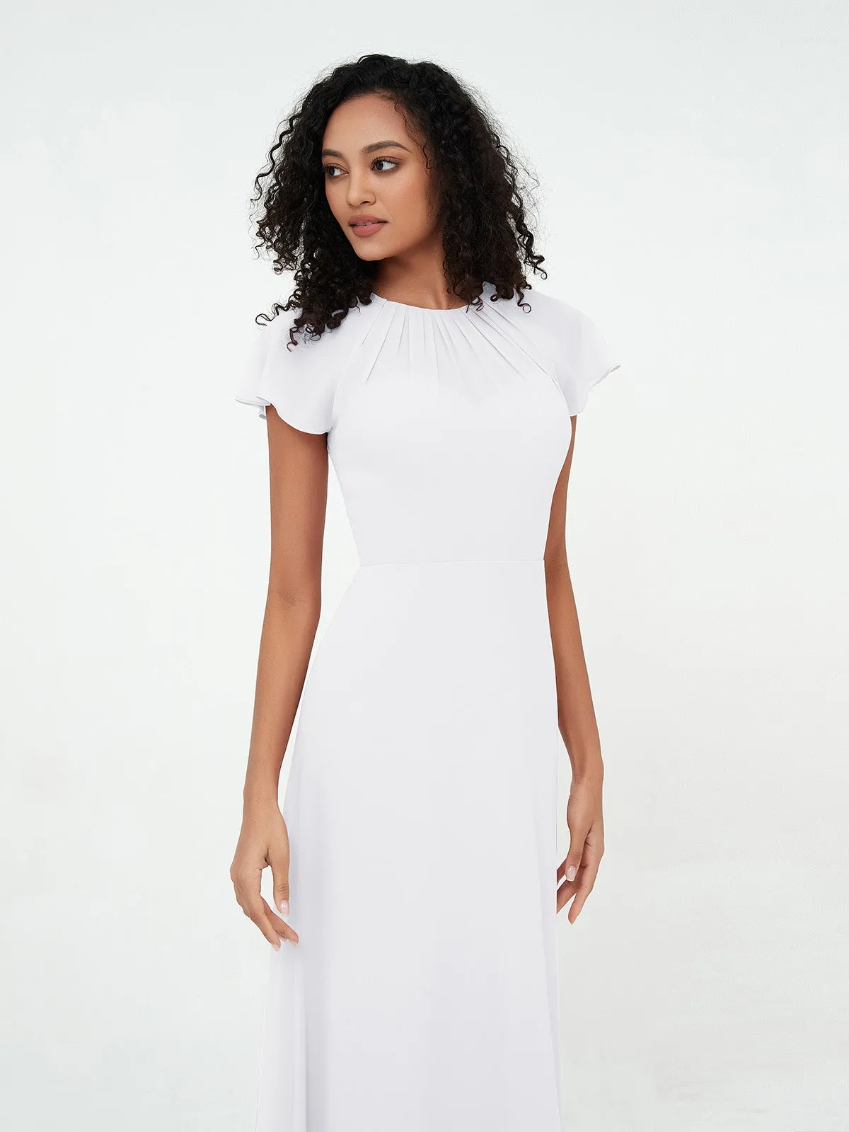 Illusion Neckline Chiffon Dresses with Cap Sleeves-White