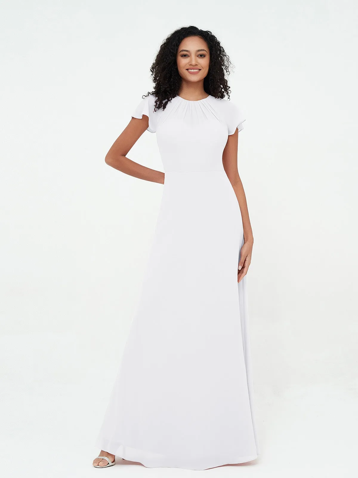 Illusion Neckline Chiffon Dresses with Cap Sleeves-White