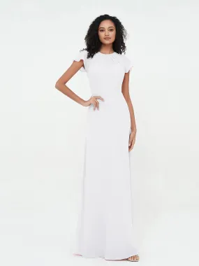 Illusion Neckline Chiffon Dresses with Cap Sleeves-White