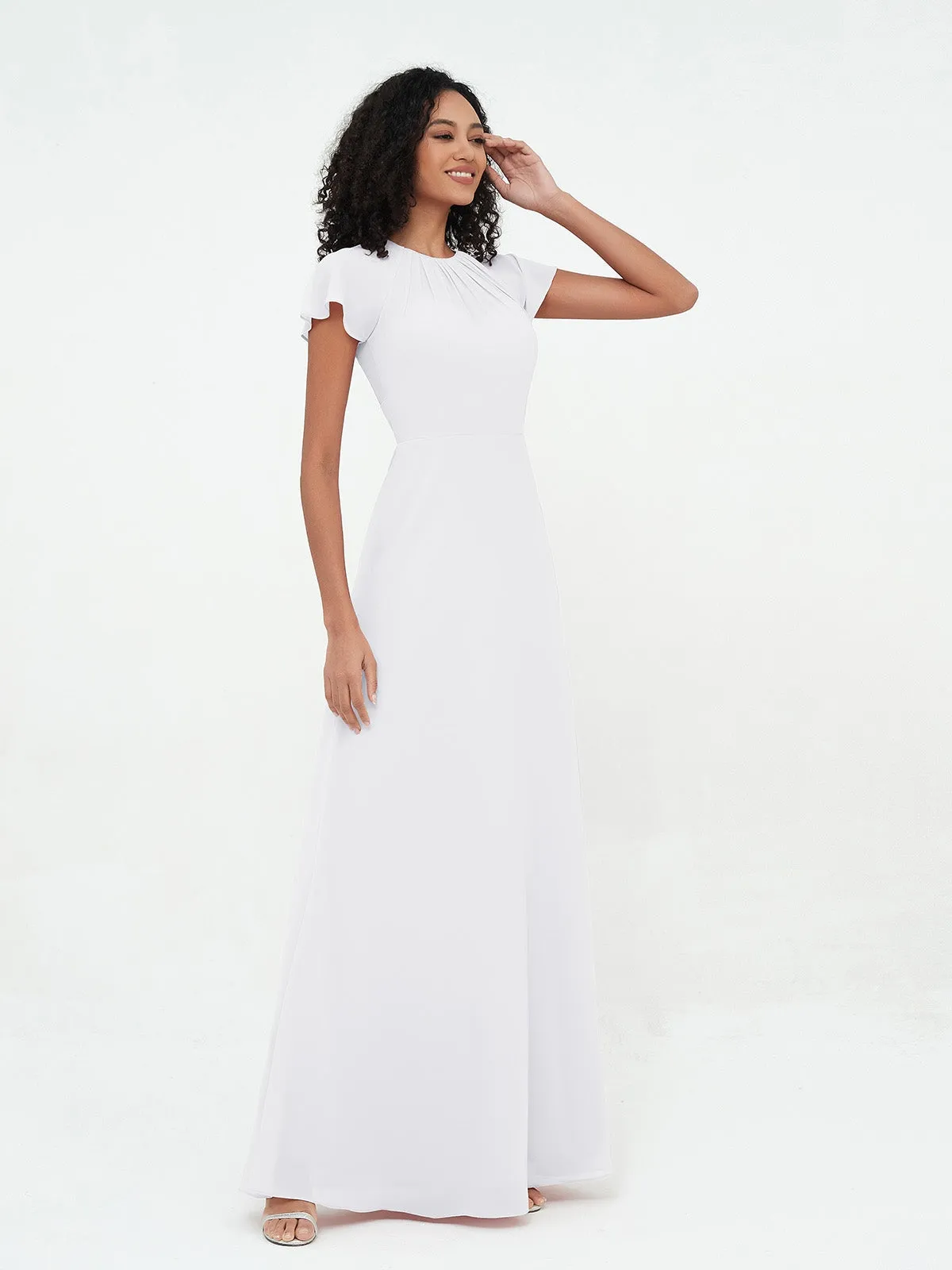 Illusion Neckline Chiffon Dresses with Cap Sleeves-White