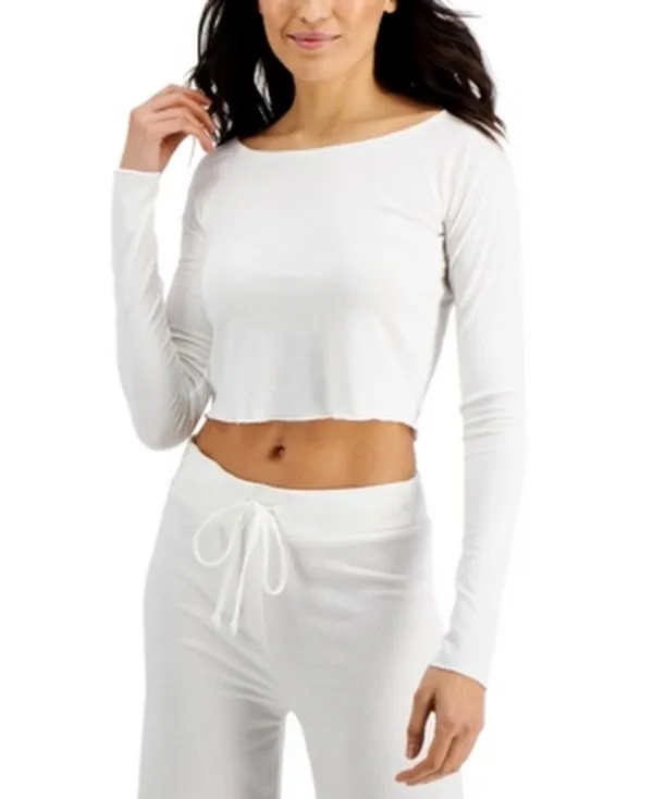 Jenni Rib-Knit Long Sleeve Sleep Crop Top Size -Off White- Medium