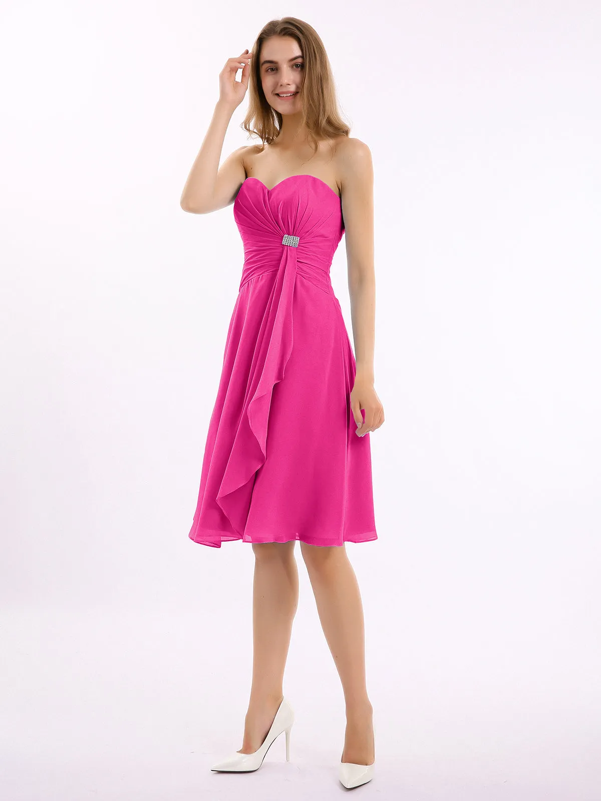 Knee Length Chiffon Dress with Sweetheart Neck-Fuchsia