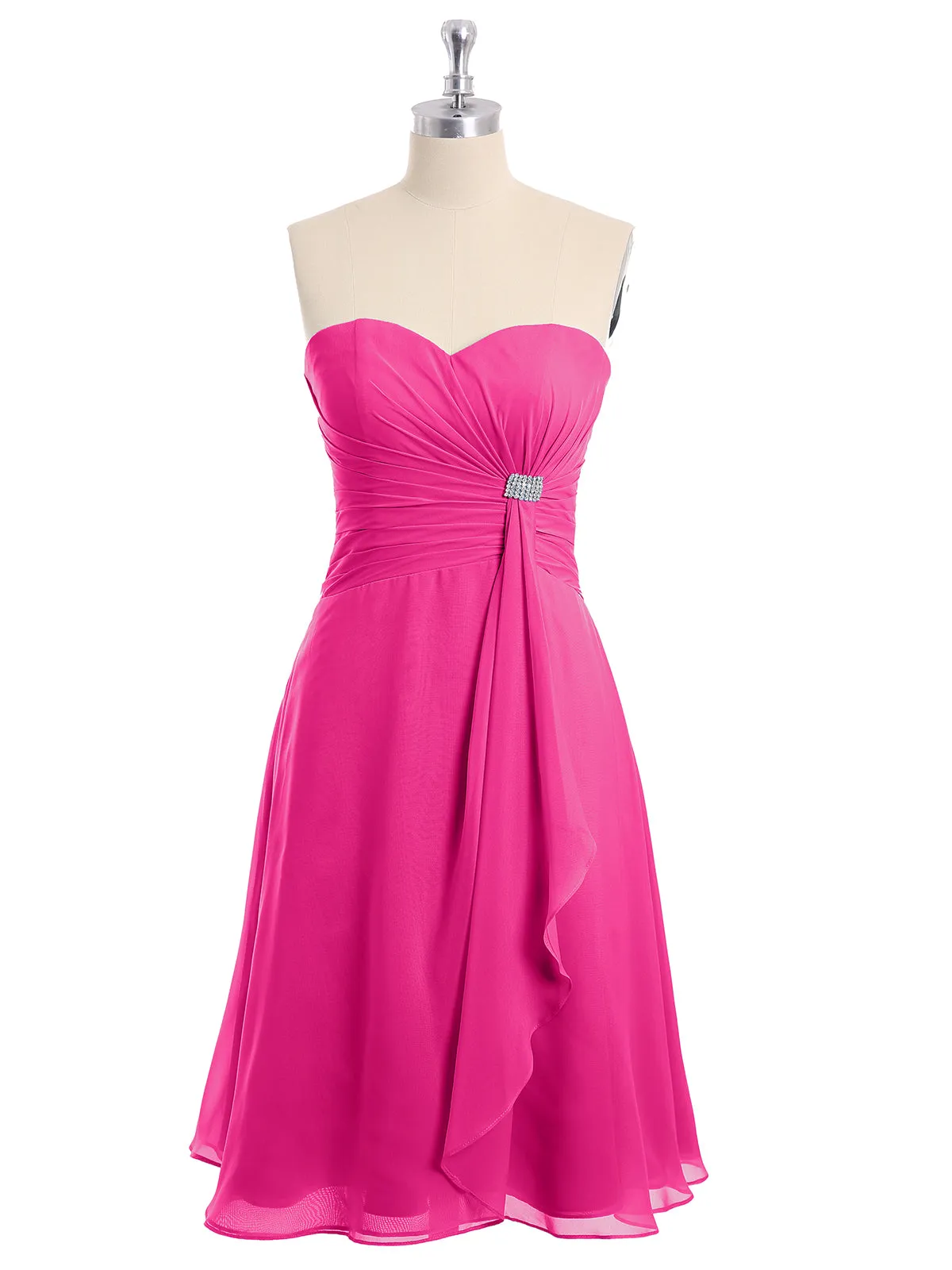 Knee Length Chiffon Dress with Sweetheart Neck-Fuchsia