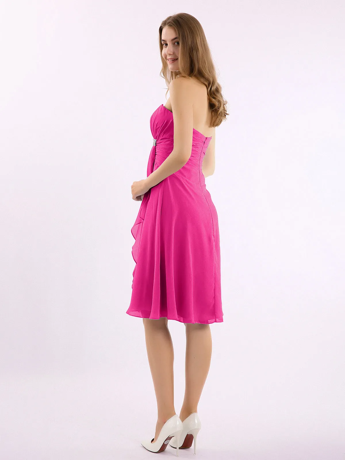 Knee Length Chiffon Dress with Sweetheart Neck-Fuchsia