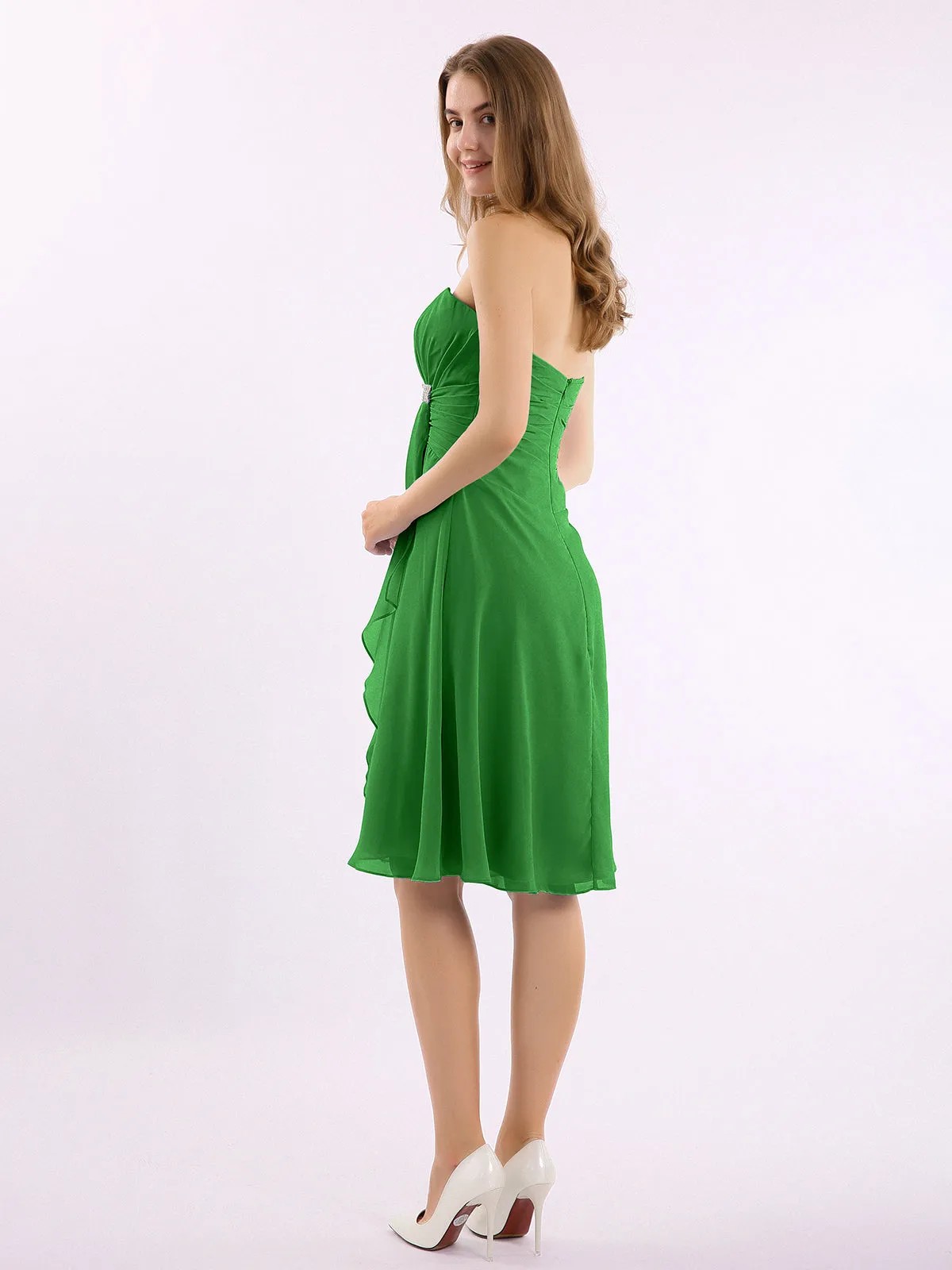 Knee Length Chiffon Dress with Sweetheart Neck-Green