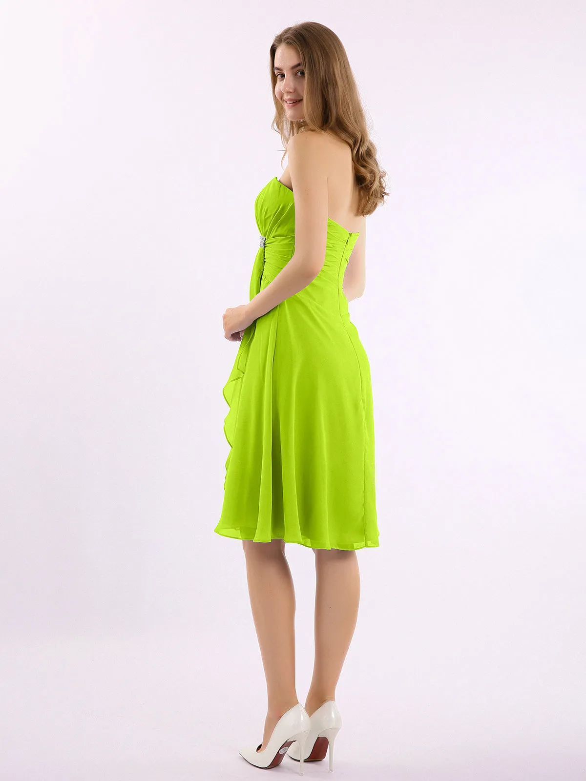 Knee Length Chiffon Dress with Sweetheart Neck-Lime Green