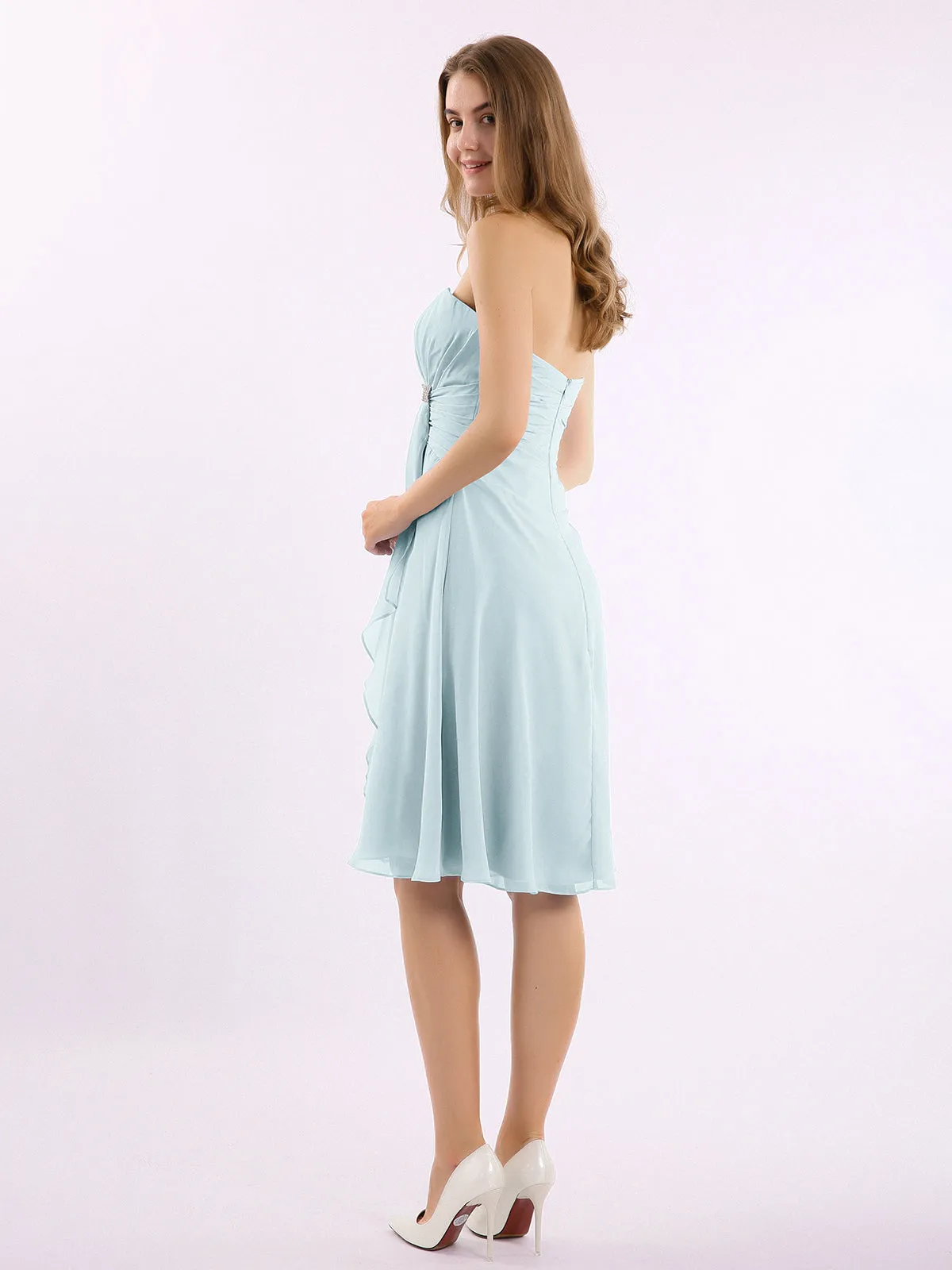 Knee Length Chiffon Dress with Sweetheart Neck-Mist