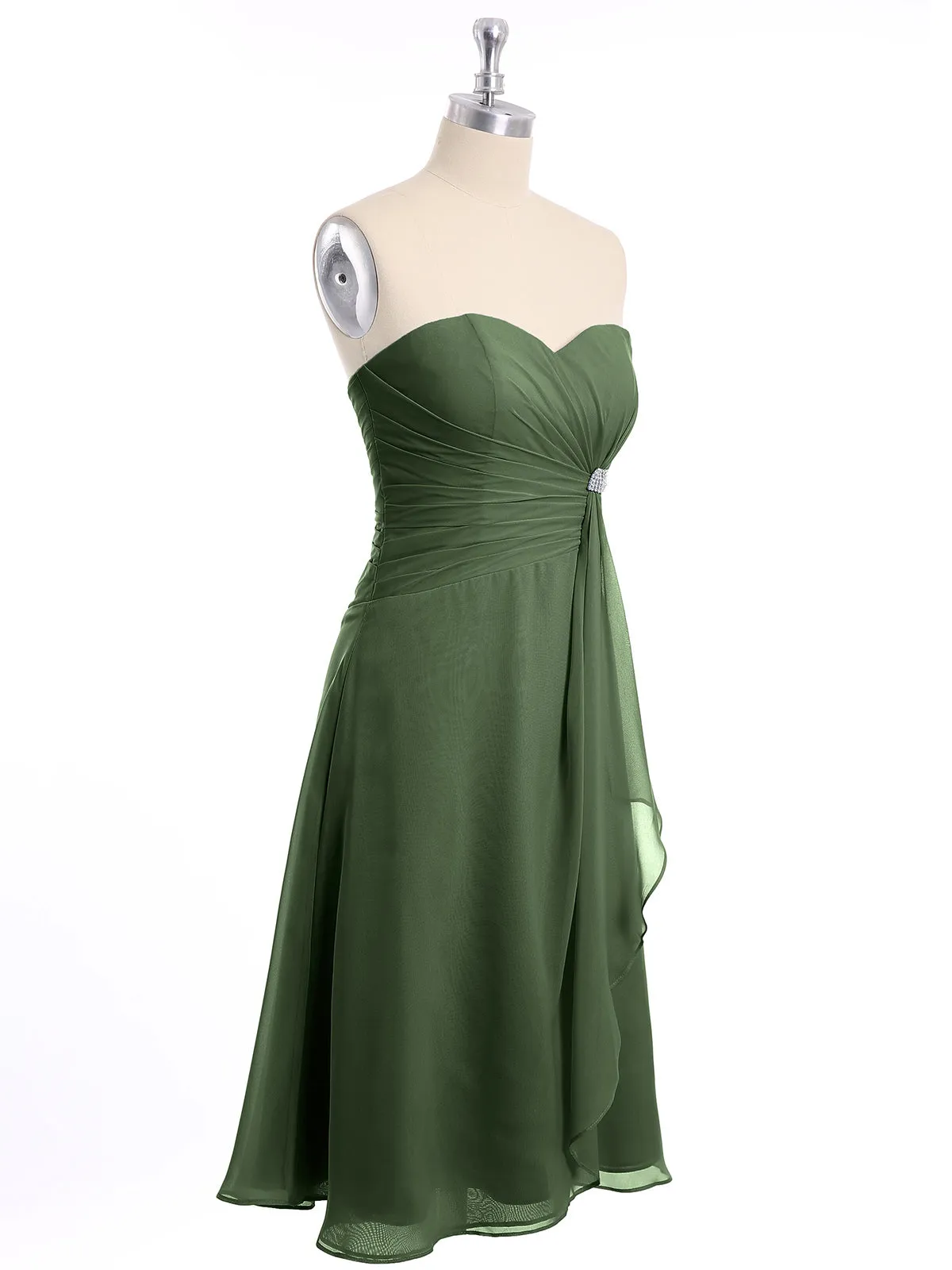 Knee Length Chiffon Dress with Sweetheart Neck-Olive Green