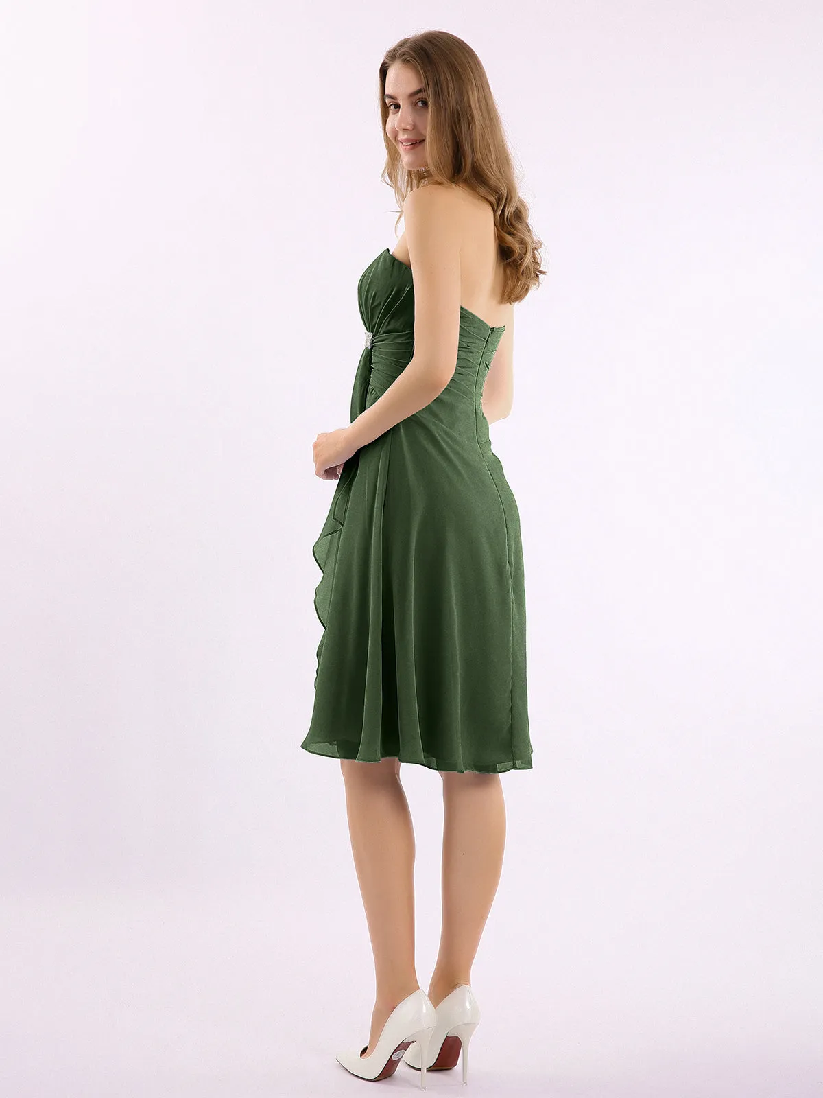 Knee Length Chiffon Dress with Sweetheart Neck-Olive Green