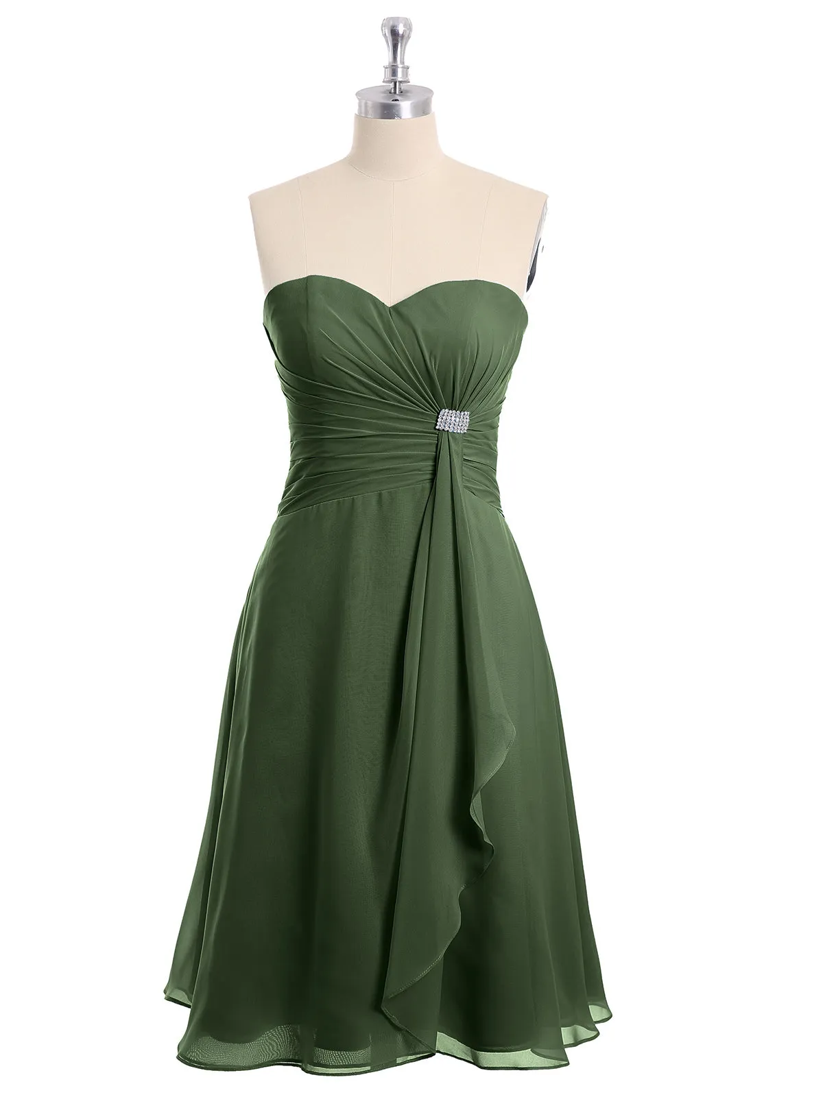 Knee Length Chiffon Dress with Sweetheart Neck-Olive Green