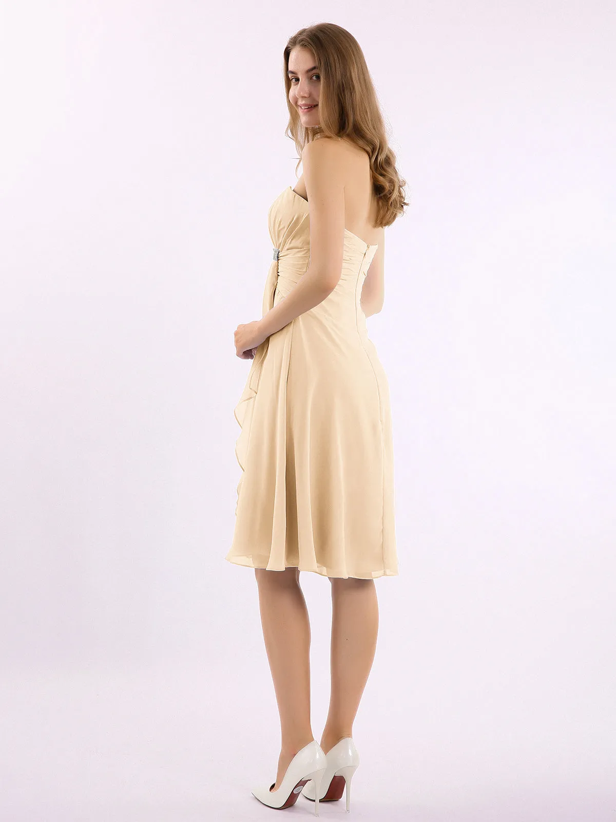 Knee Length Chiffon Dress with Sweetheart Neck-Peach