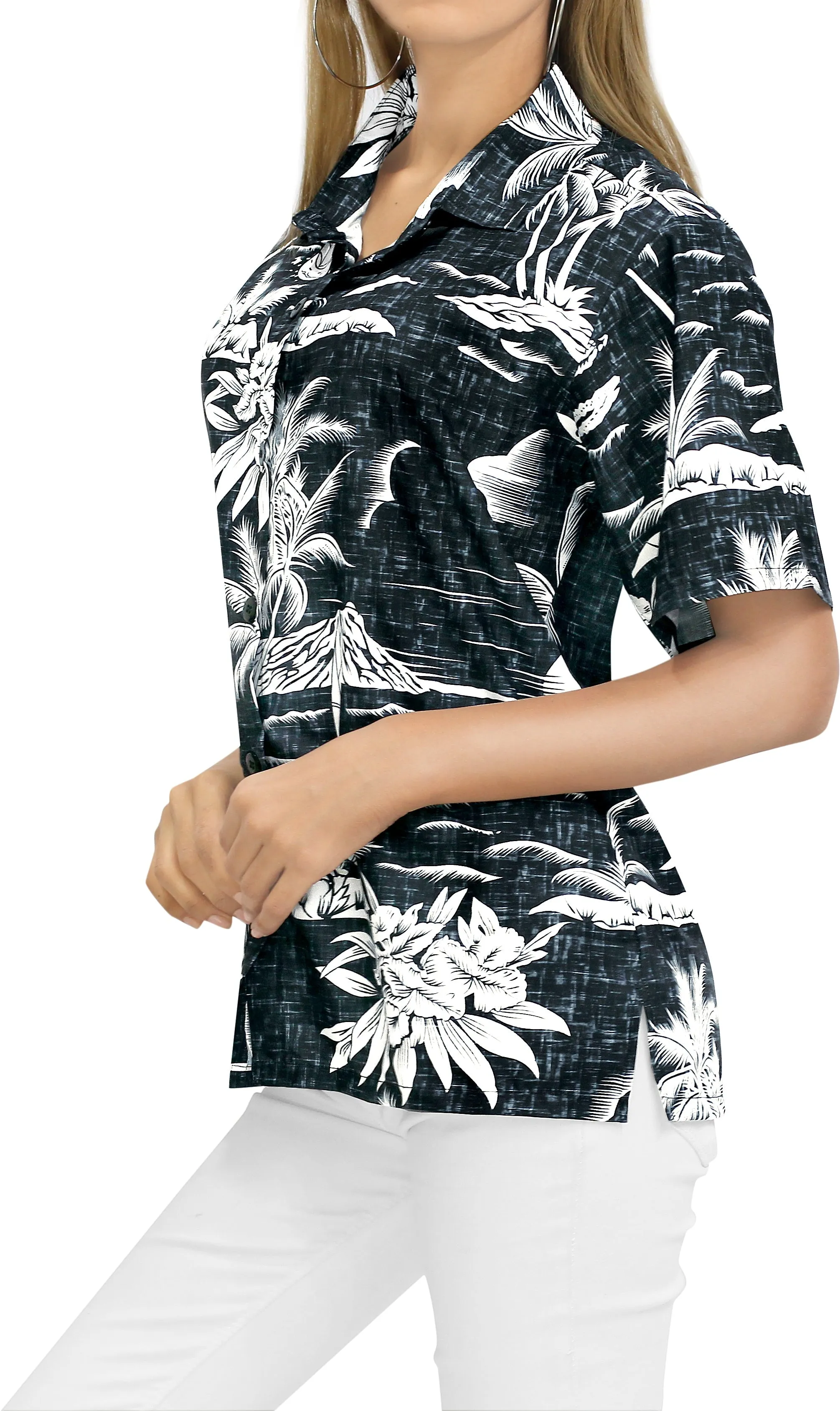 LA LEELA Women's Beachy Tropical Hawaiian Blouse Shirt Breezy Summer Wear Short Sleeve Collar Shirt Black