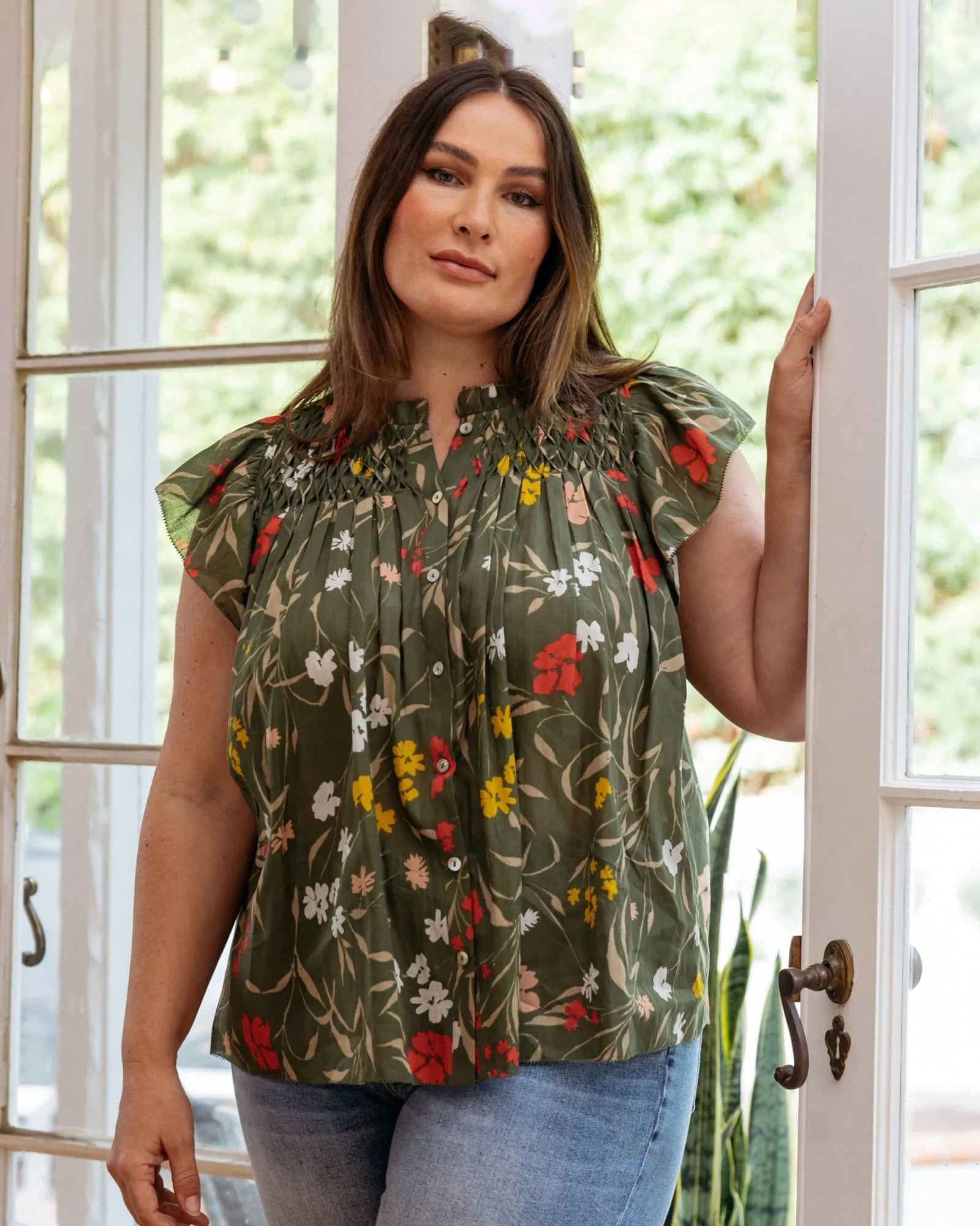 Marissa Smocked Floral Top | N686 GREEN