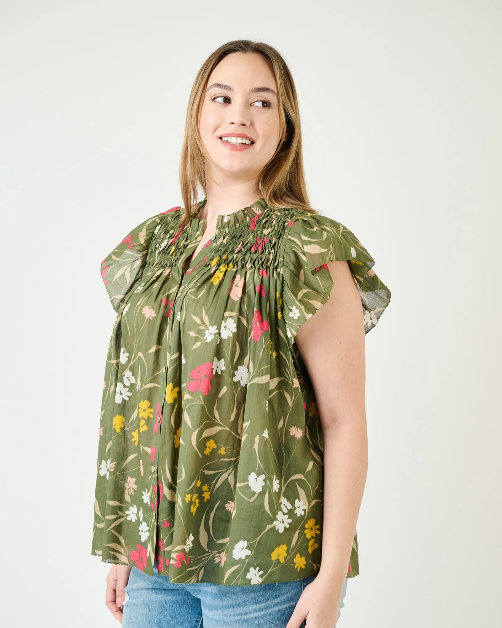 Marissa Smocked Floral Top | N686 GREEN