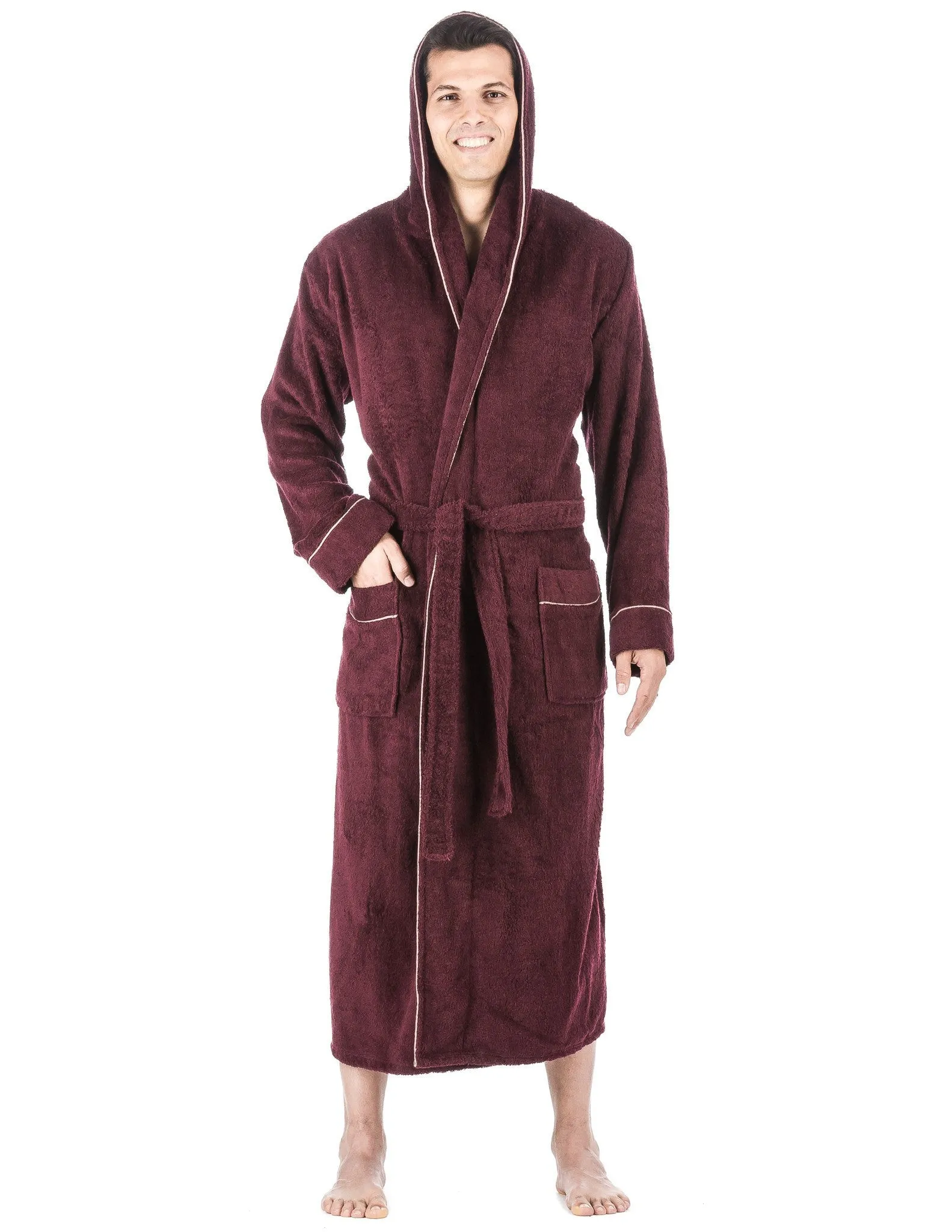 Men's 100% Cotton Terry Long Hooded Bathrobe