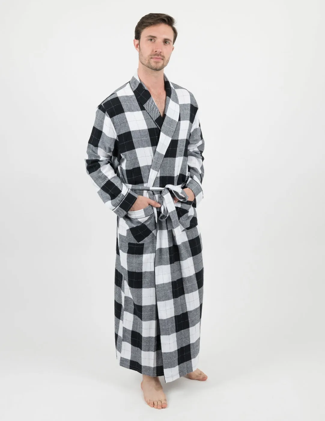 Mens Black & White Plaid Flannel Robe