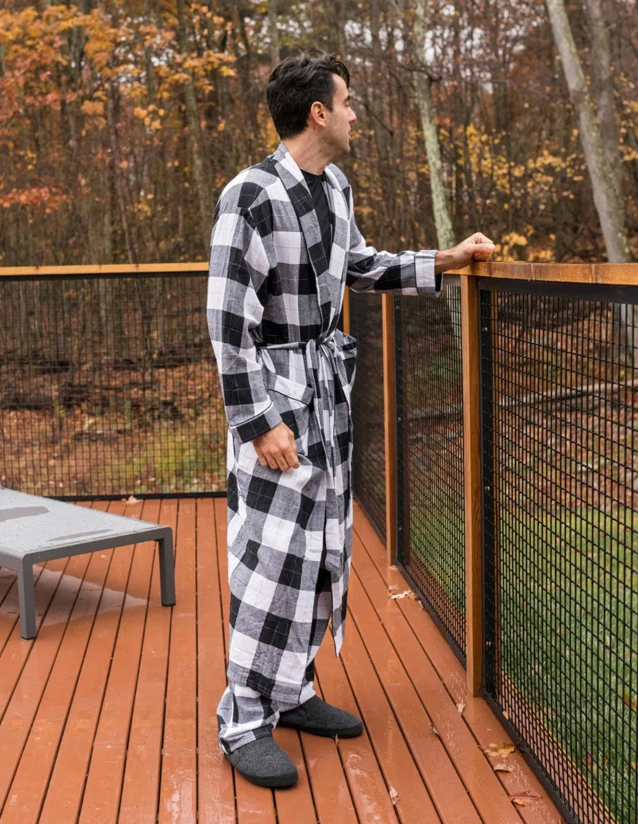 Mens Black & White Plaid Flannel Robe