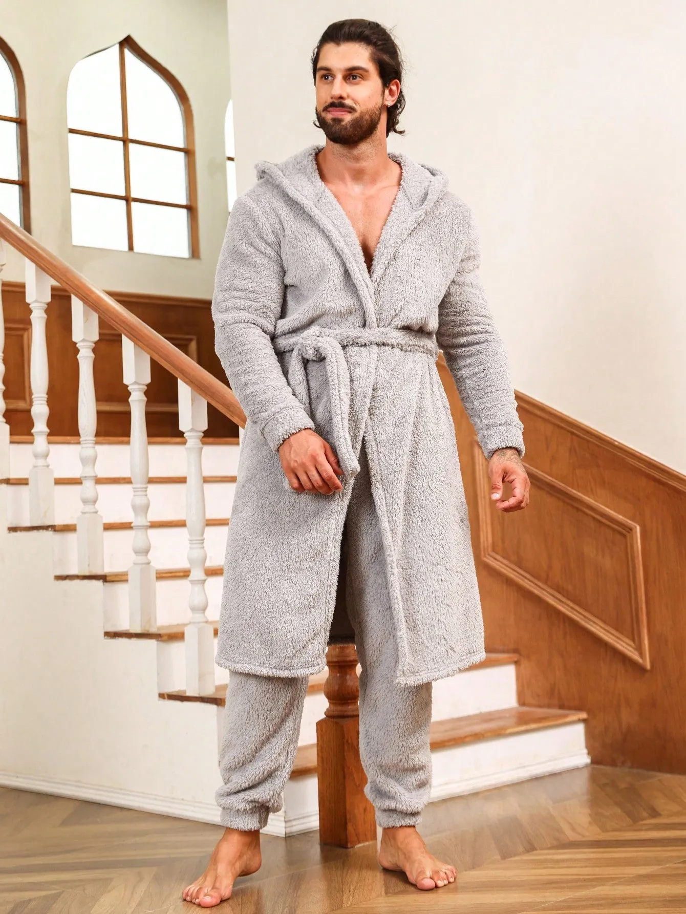 Men's Hooded Flannel Robe & Pants Set