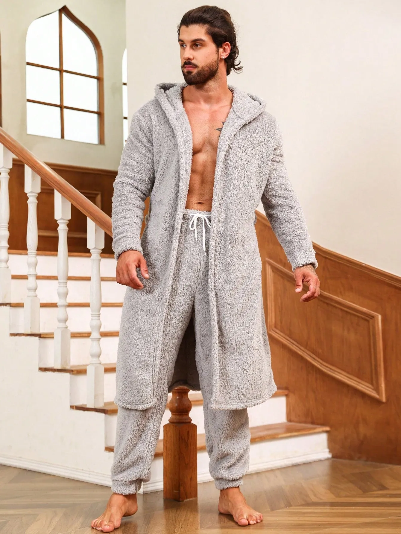 Men's Hooded Flannel Robe & Pants Set