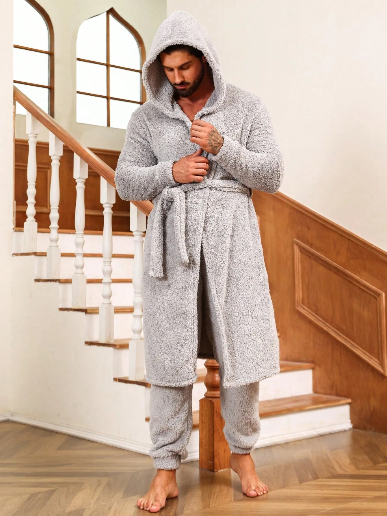 Men's Hooded Flannel Robe & Pants Set