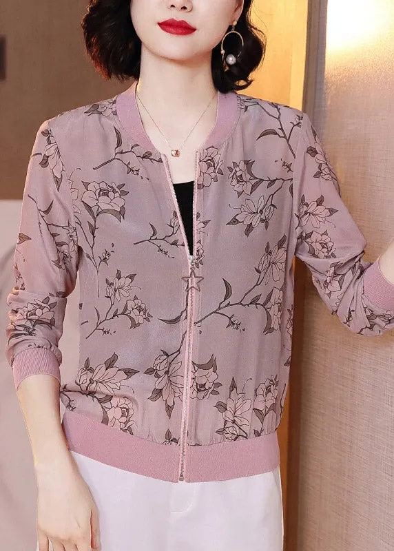 Natural Light Purple Zippered Print Chiffon Coats Summer TI1026