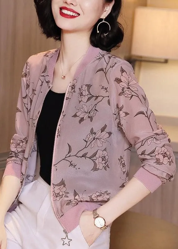 Natural Light Purple Zippered Print Chiffon Coats Summer TI1026