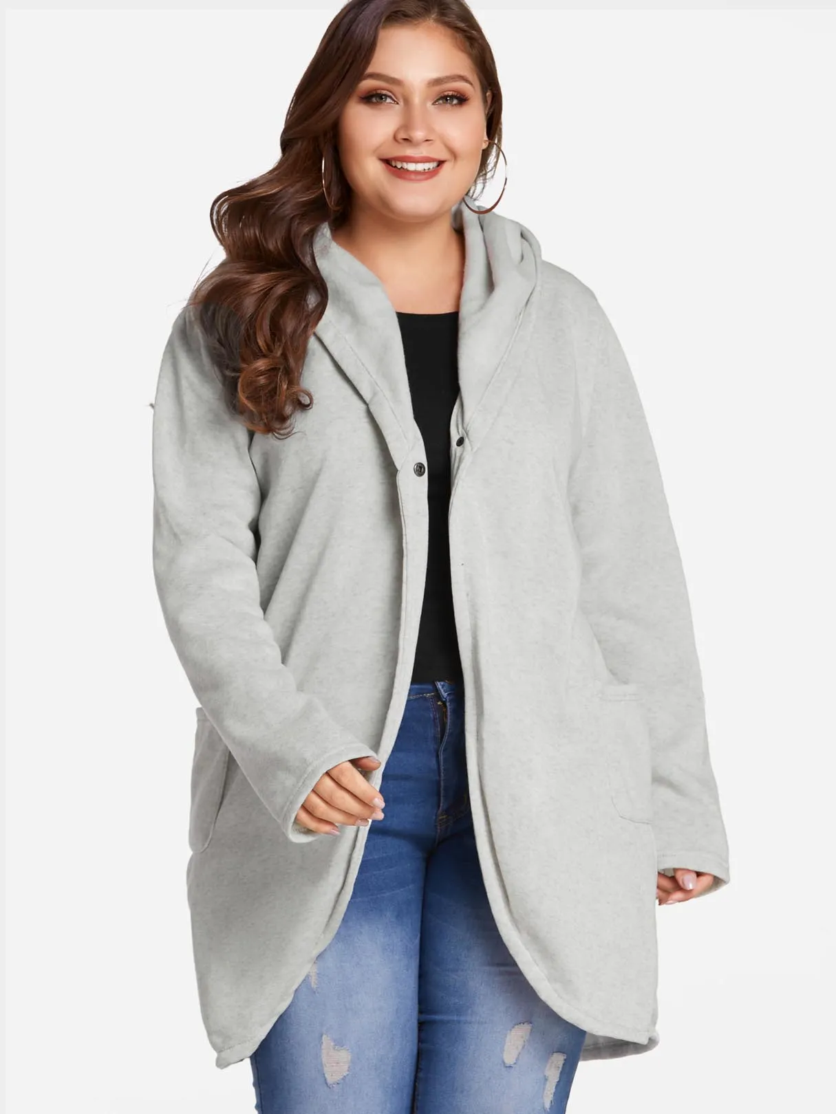 OEM ODM Plain Side Pockets Hooded Long Sleeve Light Grey Plus Size Coats & Jackets