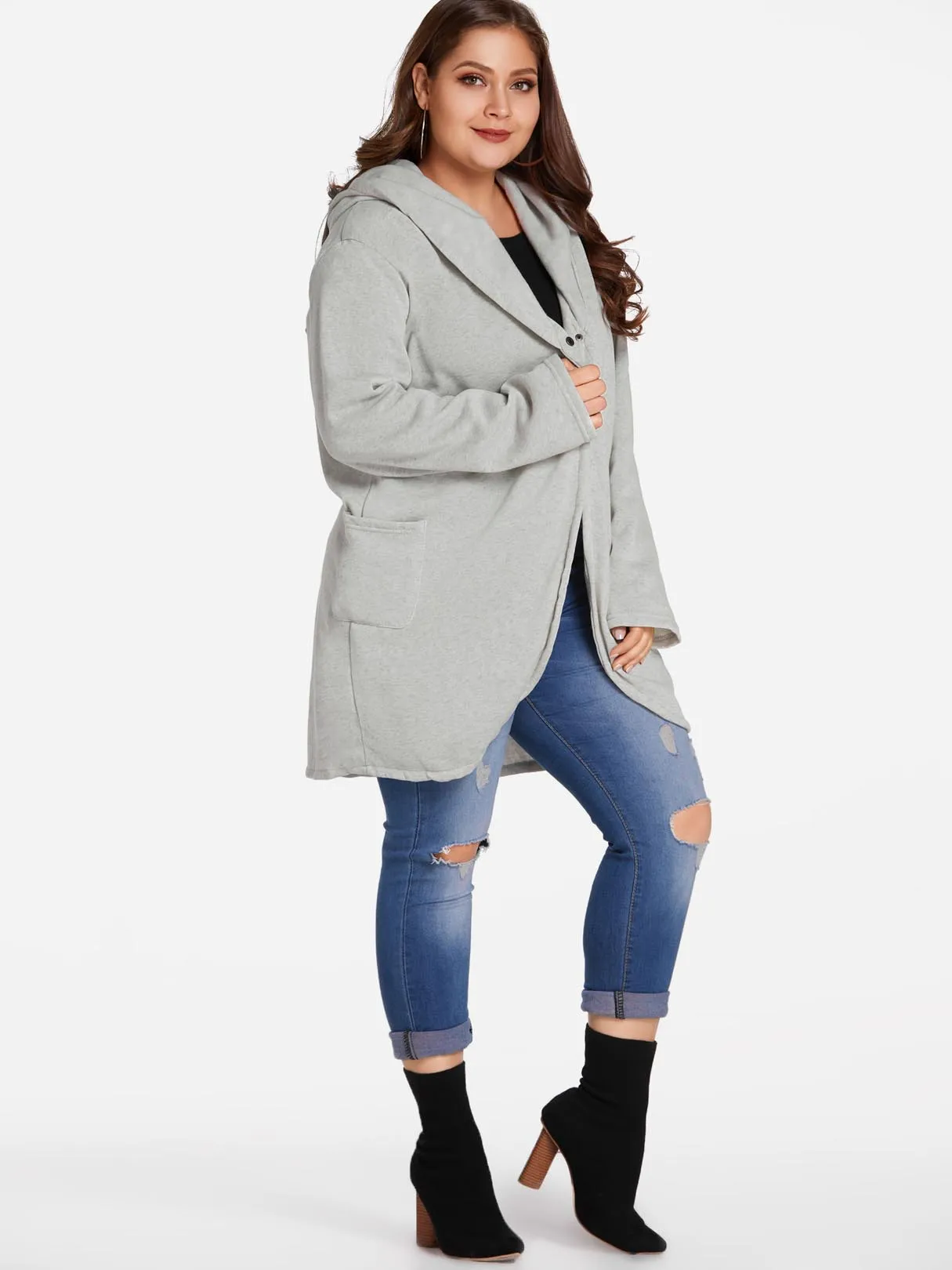 OEM ODM Plain Side Pockets Hooded Long Sleeve Light Grey Plus Size Coats & Jackets