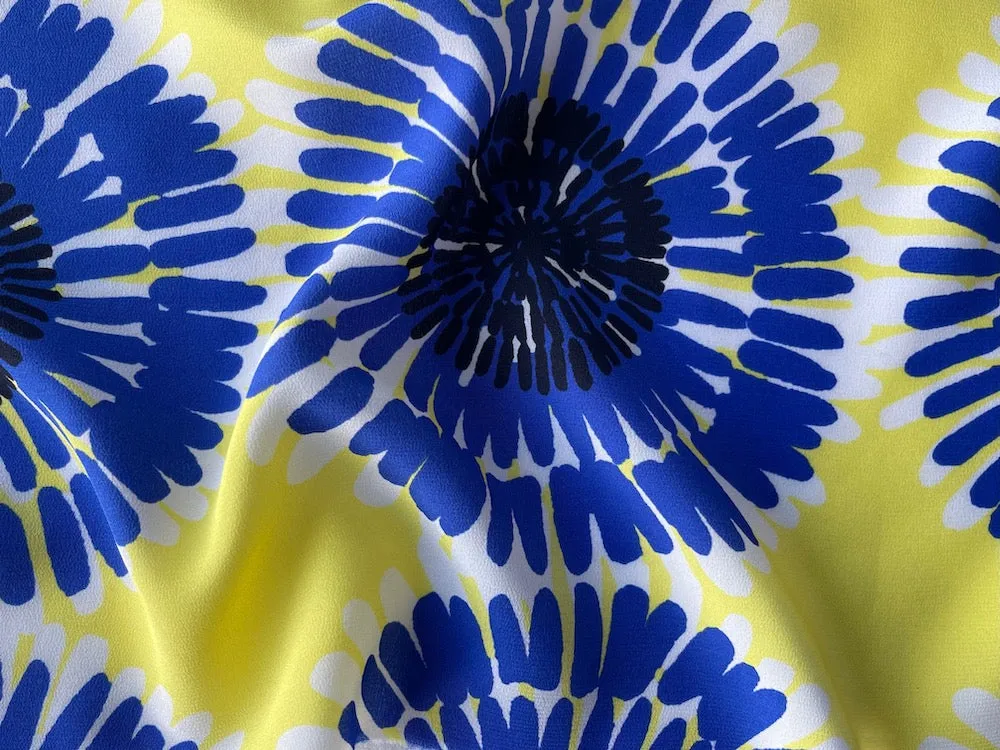 Parosh Lemon & Cobalt Sunflowers Silk Crepe de Chine (Made in Italy)