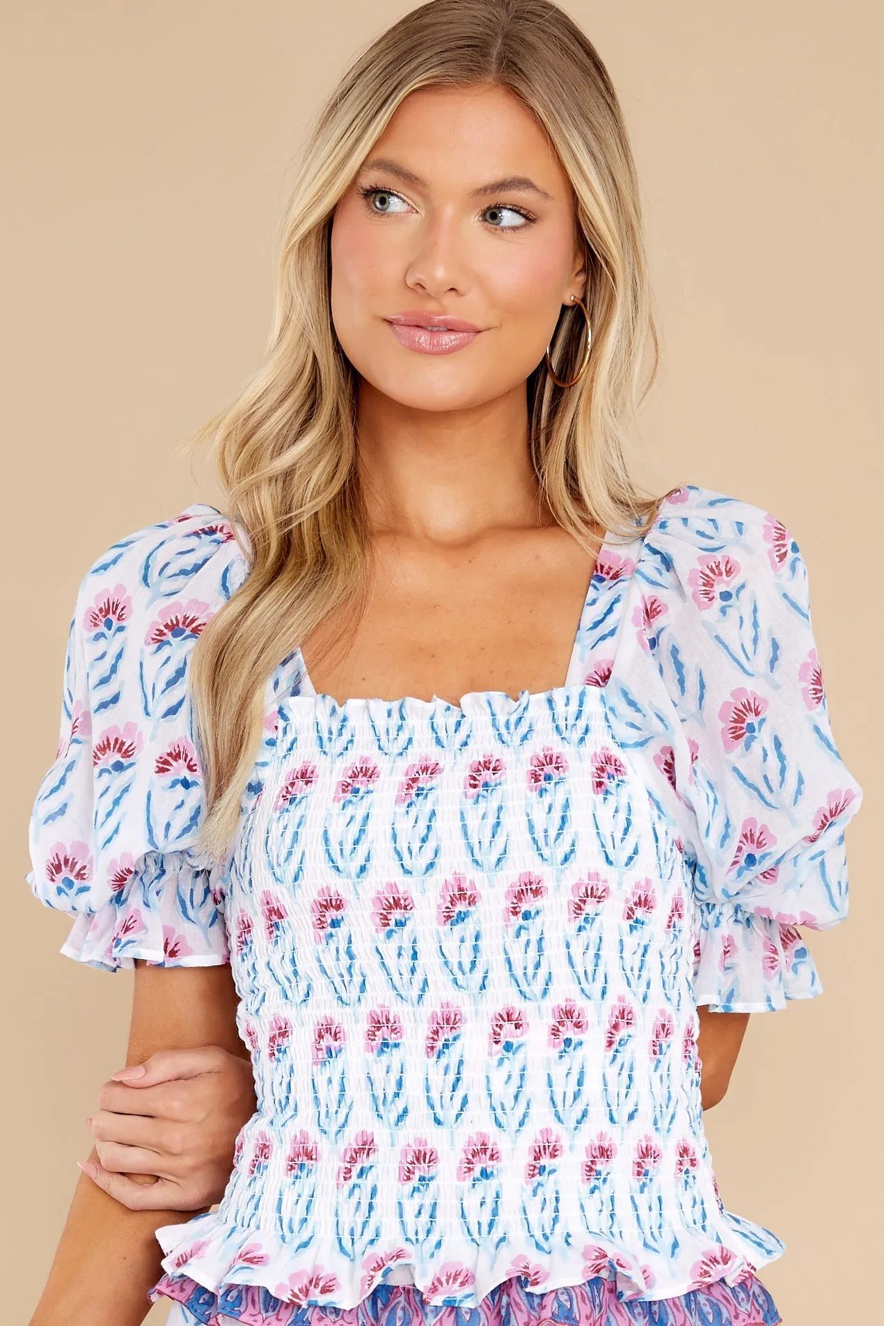 Poppy Blue Puff Sleeve Smocked Top