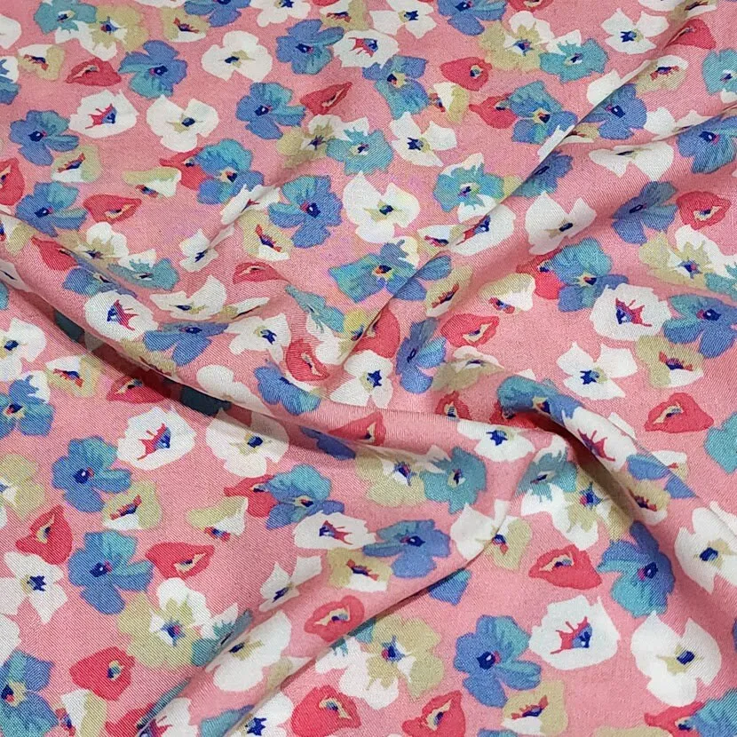 Rayon Challis Fabric, Fun Pretty Pink, Blue, White Floral. Print. Light and Flowing Fabric. Nice Rayon Woven Fabric. Sold by the 1/2 yard