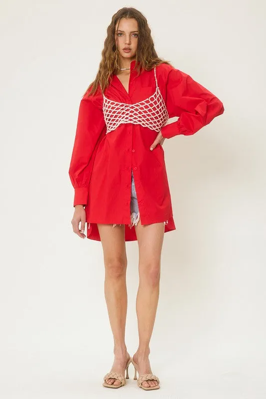 Red Colorful Poplin Shirt Mini Dress