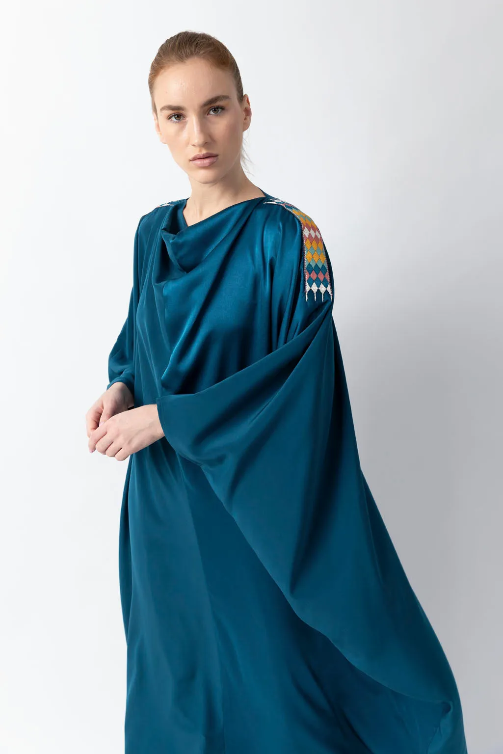 Sadu Art Inspired Embroidery Yale Blue Pure Silk Abaya WV2221