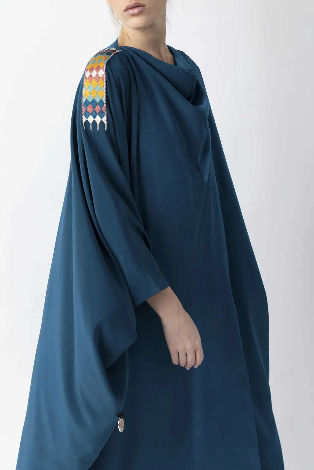 Sadu Art Inspired Embroidery Yale Blue Pure Silk Abaya WV2221