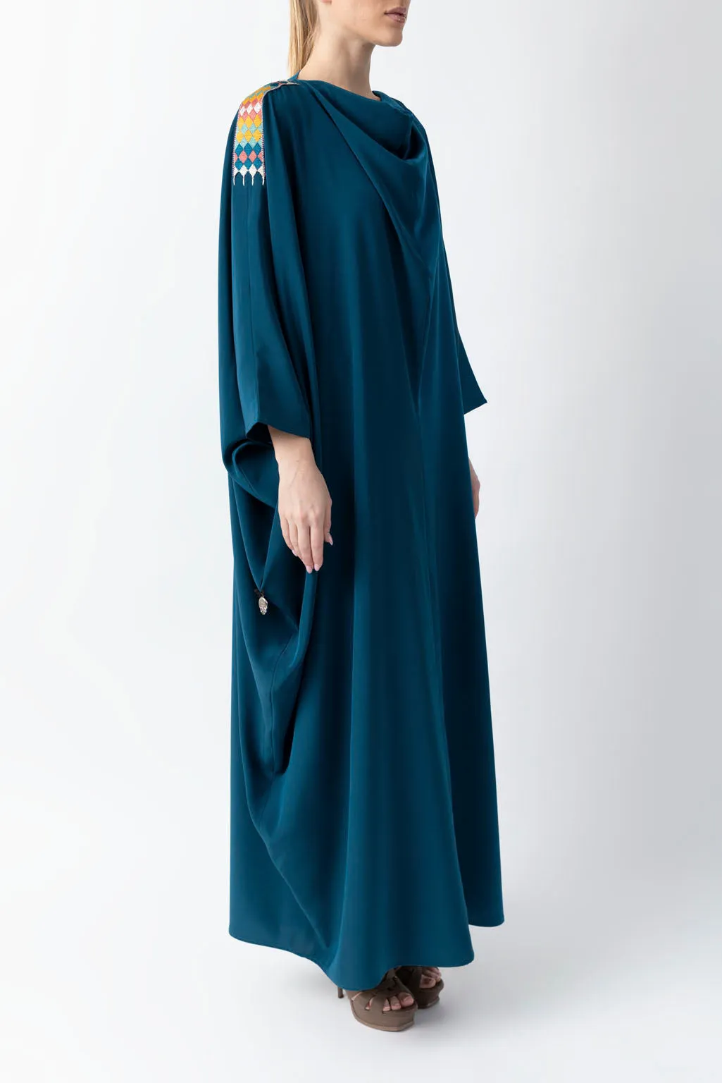 Sadu Art Inspired Embroidery Yale Blue Pure Silk Abaya WV2221