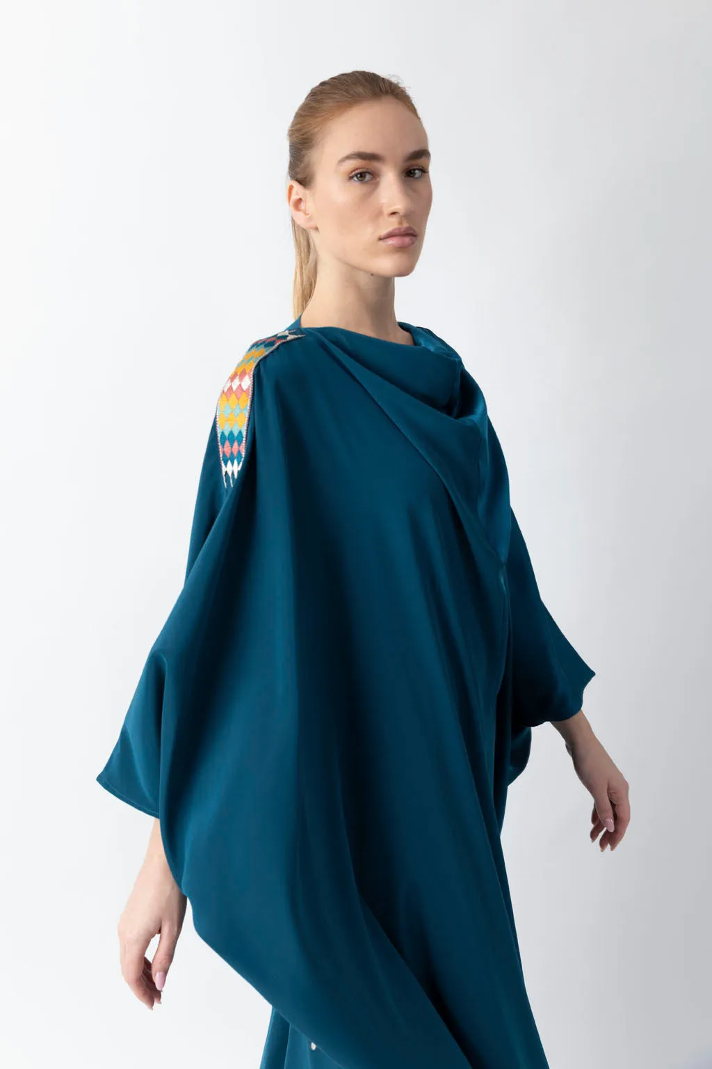 Sadu Art Inspired Embroidery Yale Blue Pure Silk Abaya WV2221