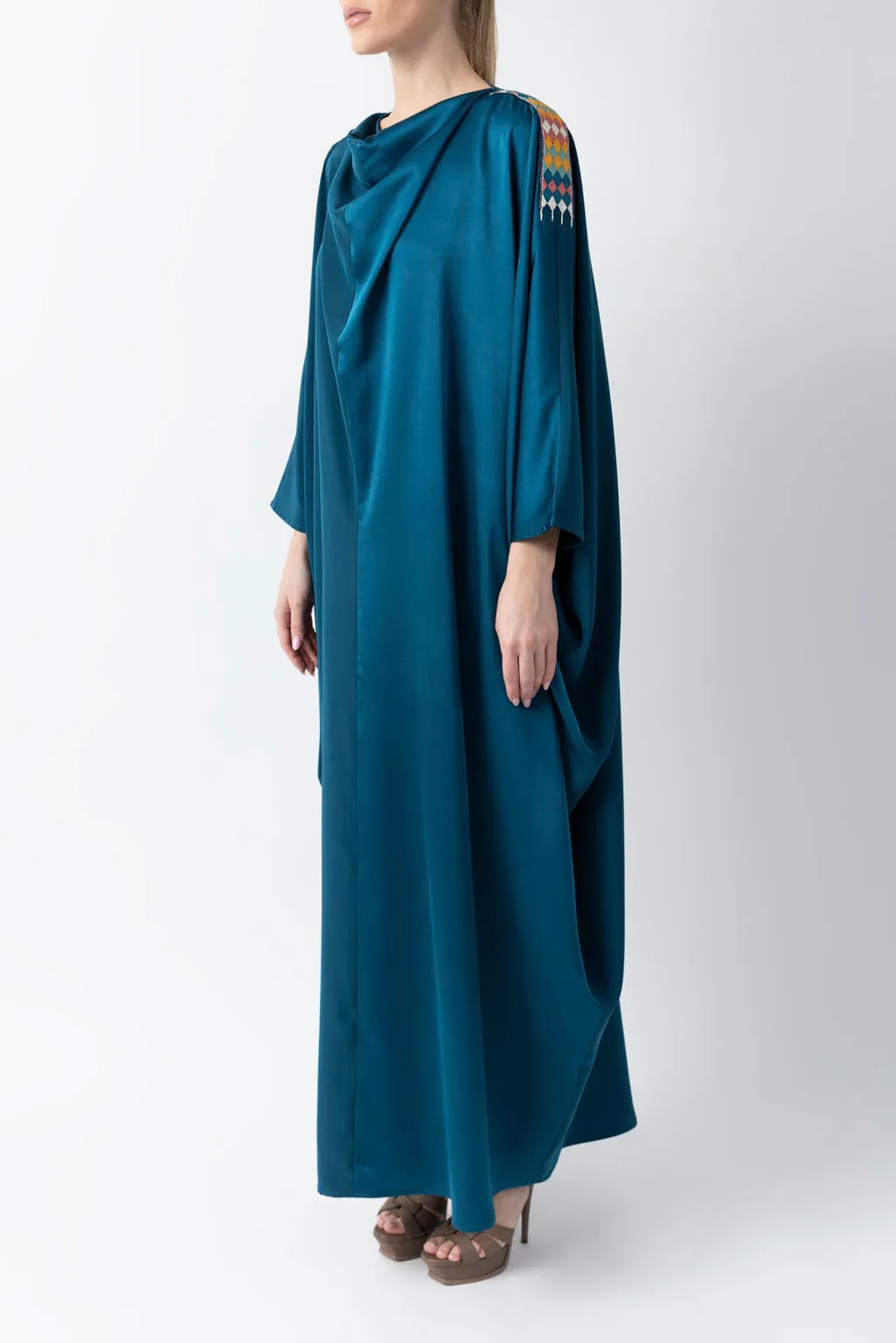 Sadu Art Inspired Embroidery Yale Blue Pure Silk Abaya WV2221