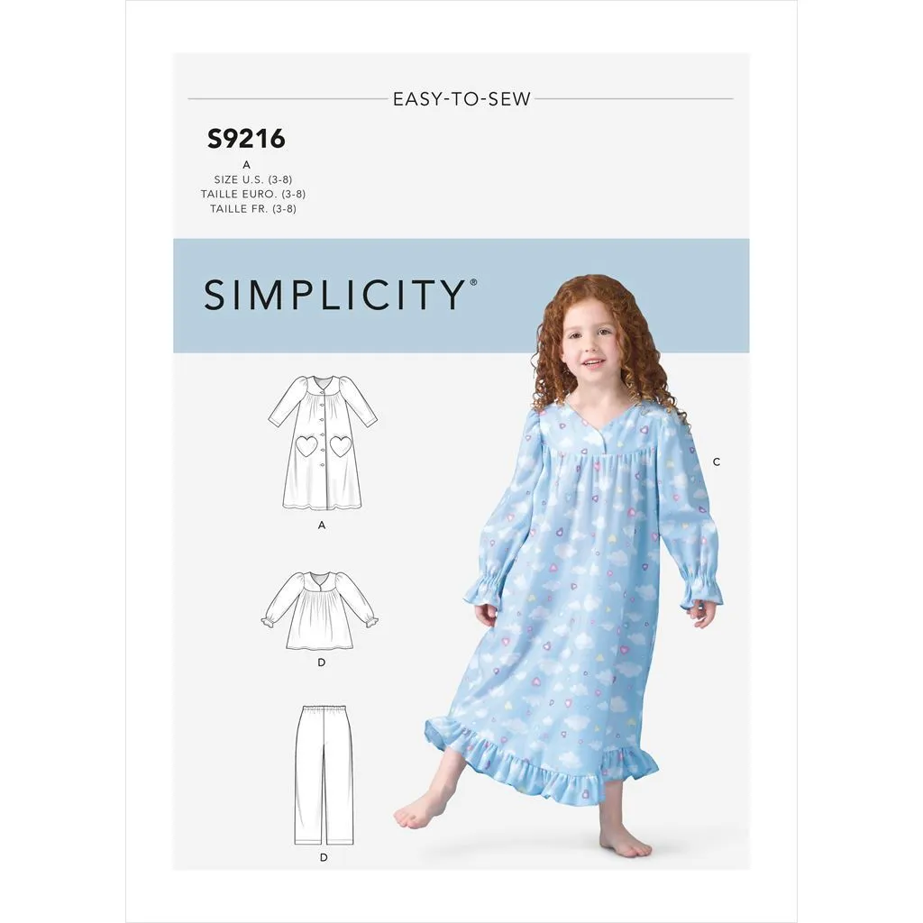 Simplicity Sewing Pattern S9216 Children's Robe, Gowns, Top & Pants