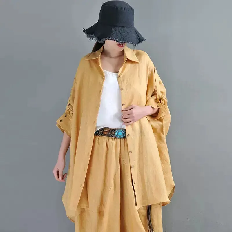 Summer Linen Blouse Lapel Cardigan Blouse - Yellow/Pink - One Size