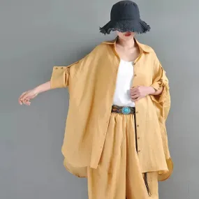 Summer Linen Blouse Lapel Cardigan Blouse - Yellow/Pink - One Size