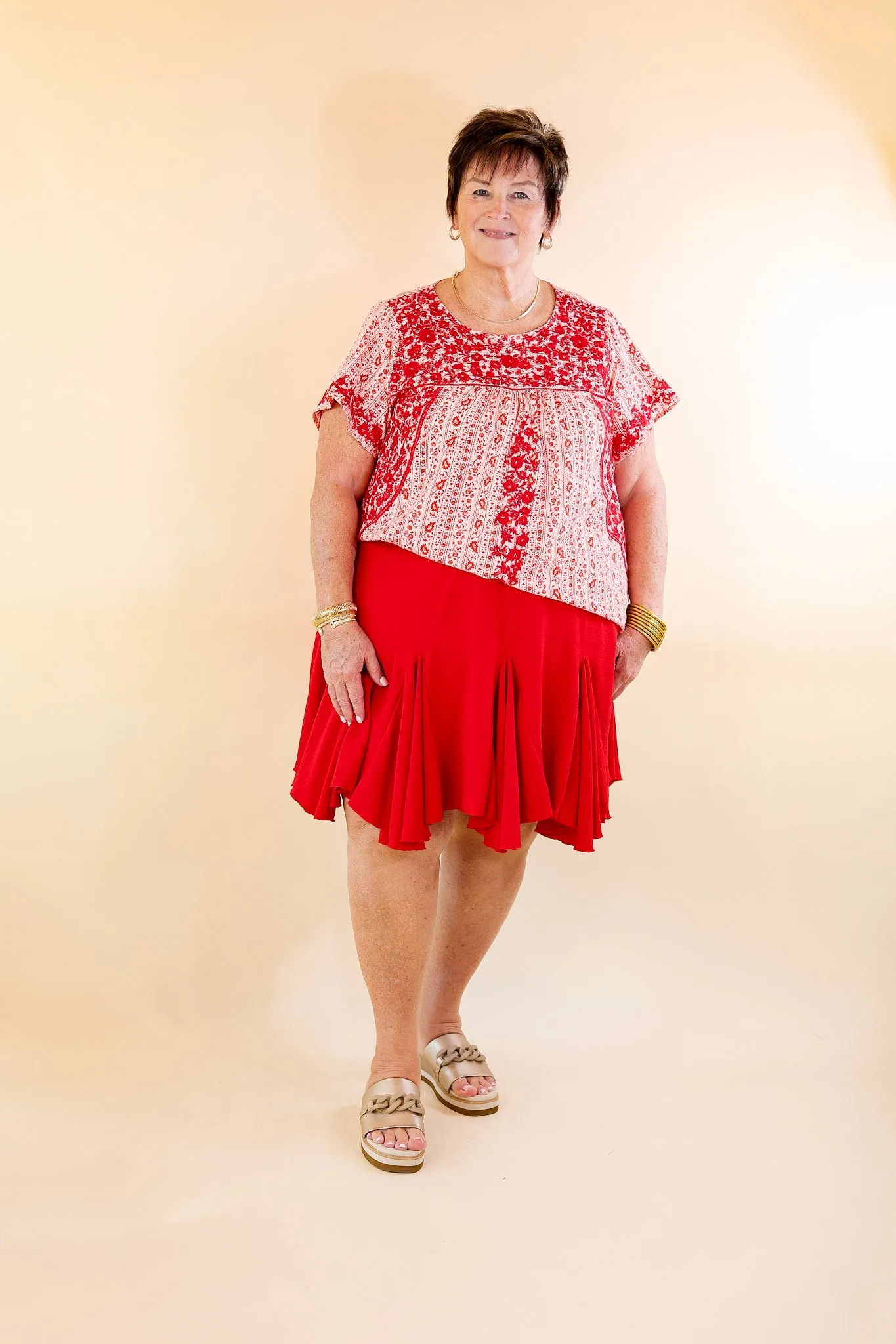 Sunny Day Floral Print Top with Red Floral Embroidery in Off White