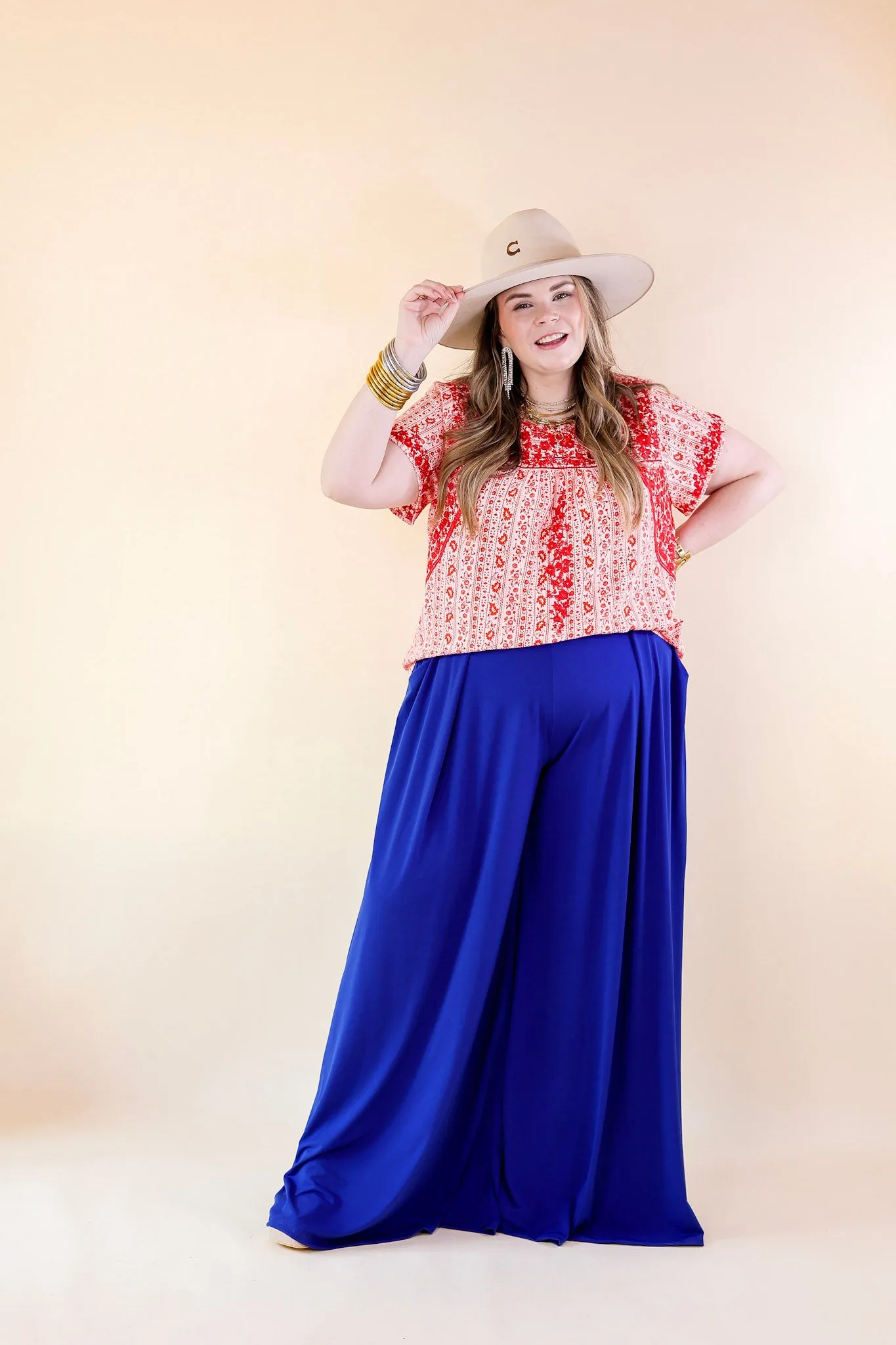 Sunny Day Floral Print Top with Red Floral Embroidery in Off White