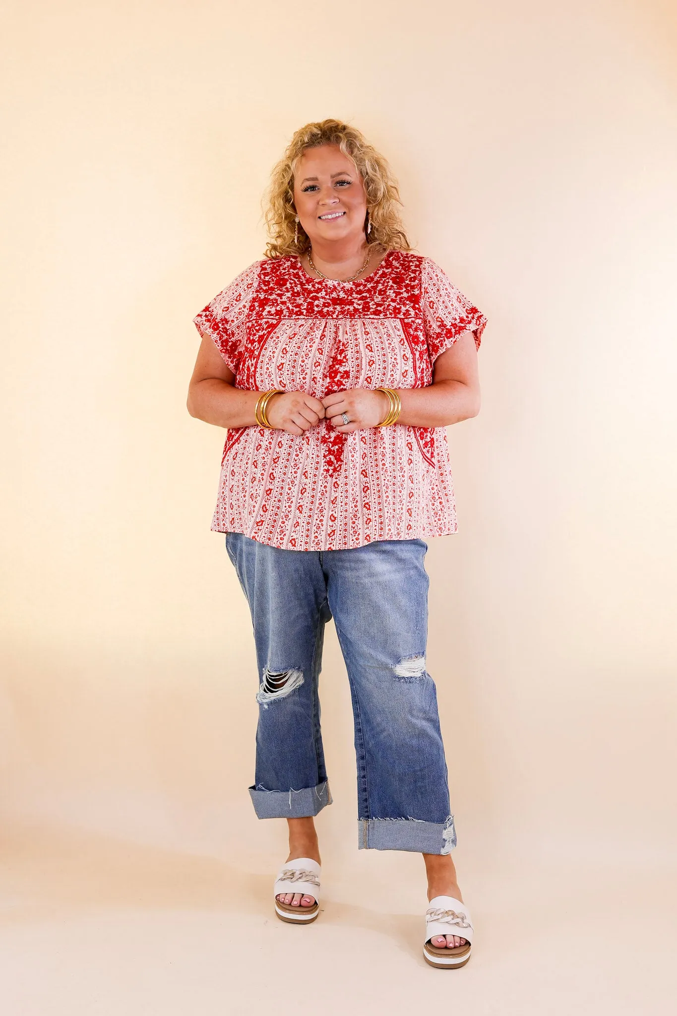 Sunny Day Floral Print Top with Red Floral Embroidery in Off White