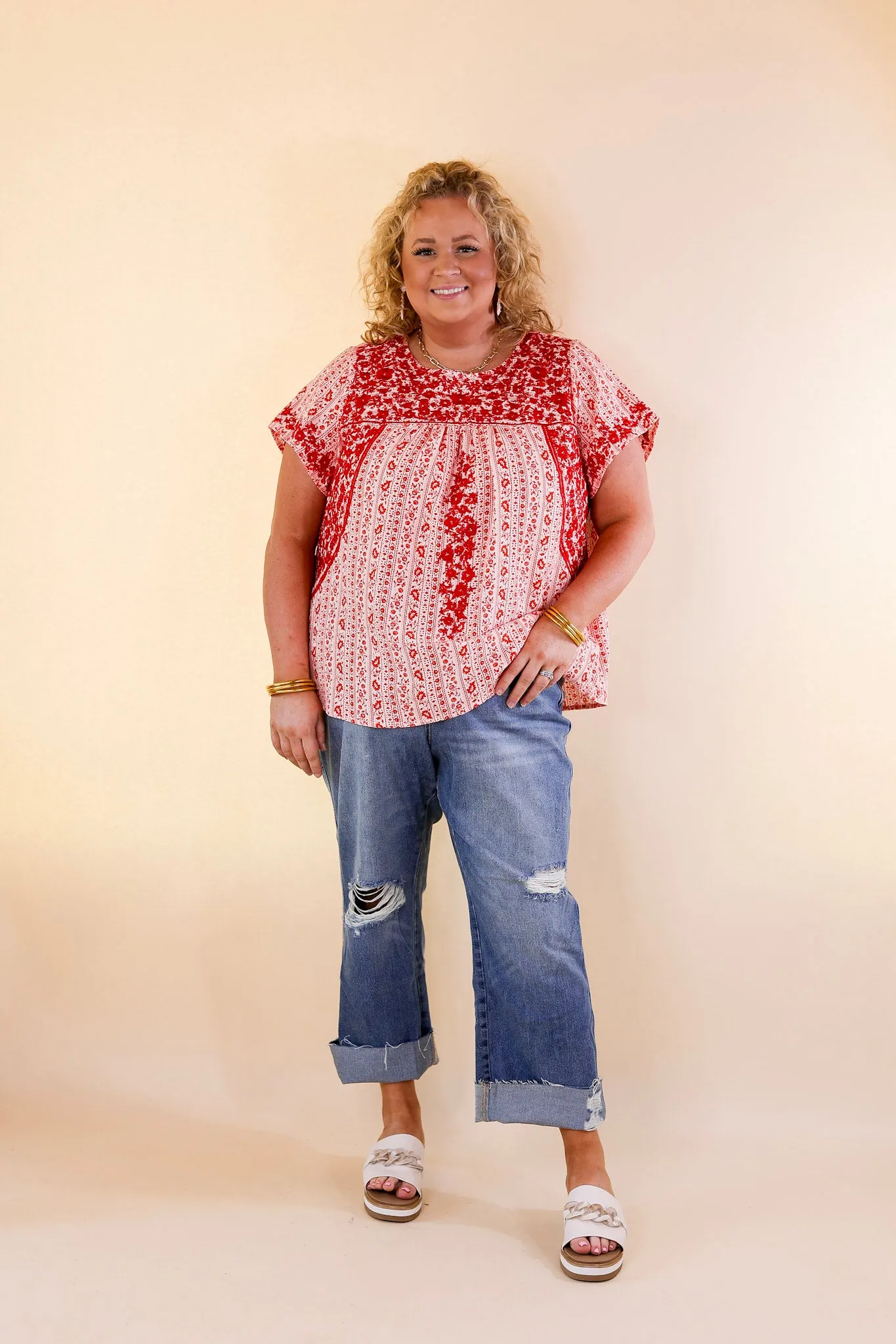 Sunny Day Floral Print Top with Red Floral Embroidery in Off White