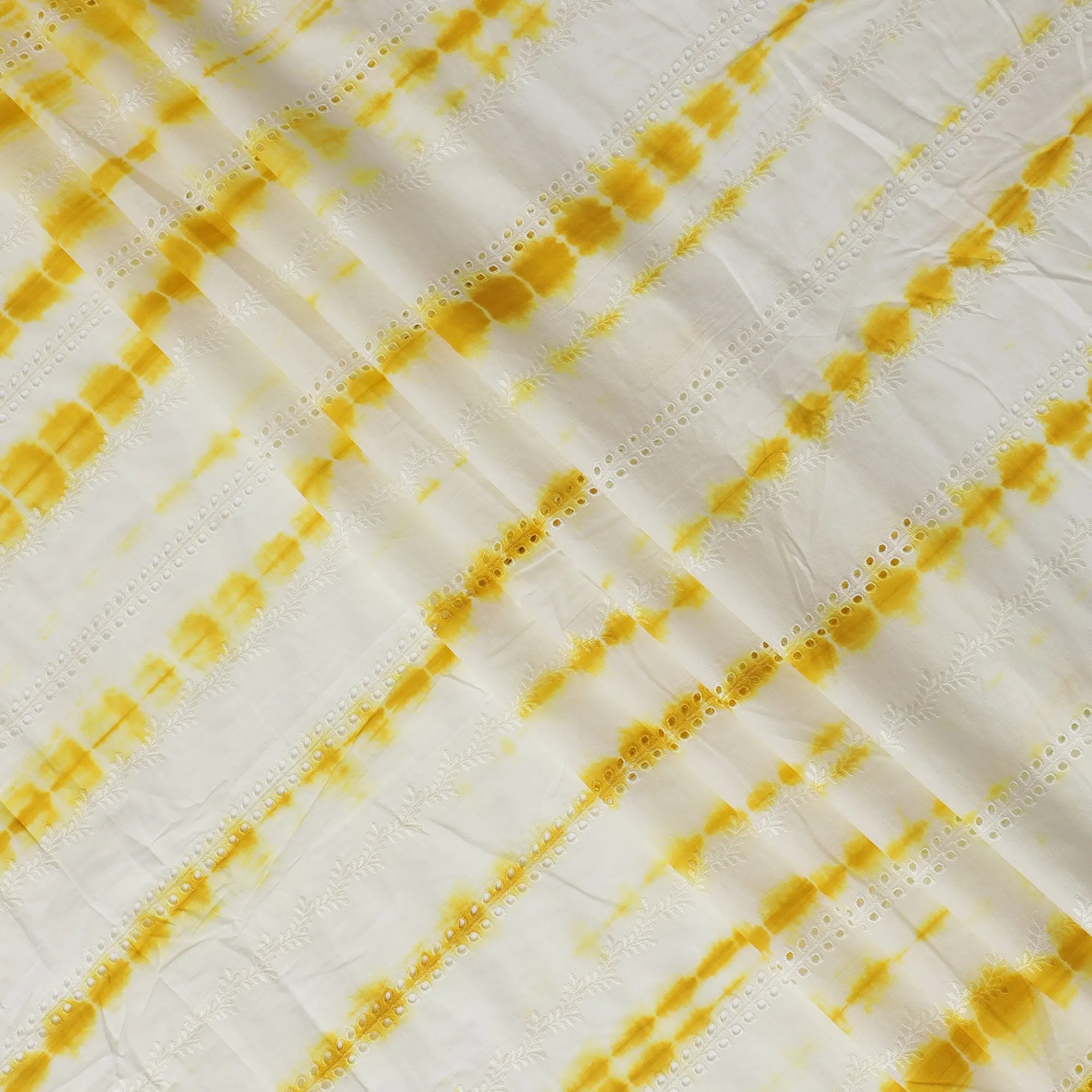 Sunny Yellow and White Tie-Dye Synthetic Chinon Fabric with Embroidery, 110 cm Width-D19664