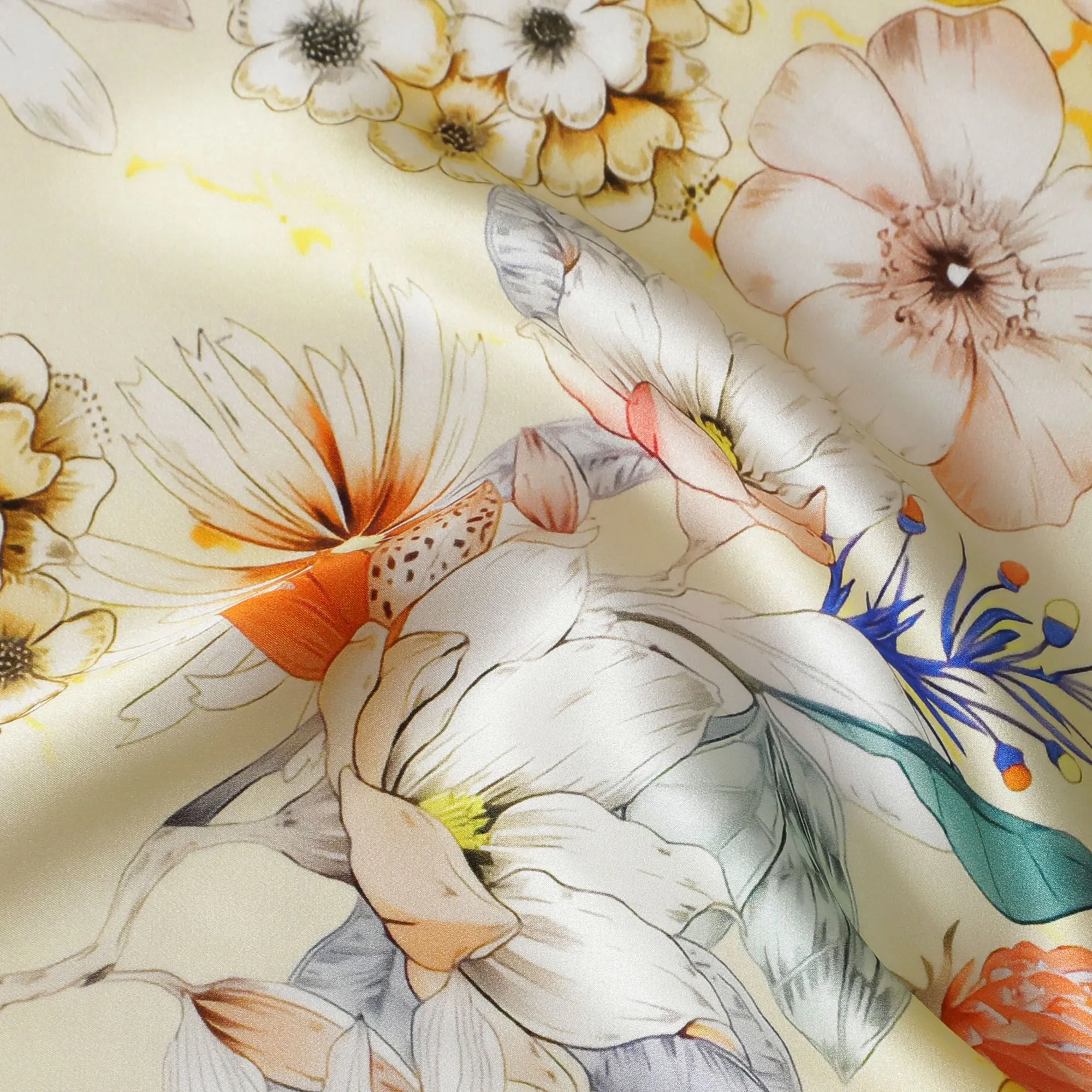 Sunshine Yellow Italian Pure Silk Satin Fabric with Vibrant Multi-Color Floral Print, 140cm Wide - Summery Elegance-D18709